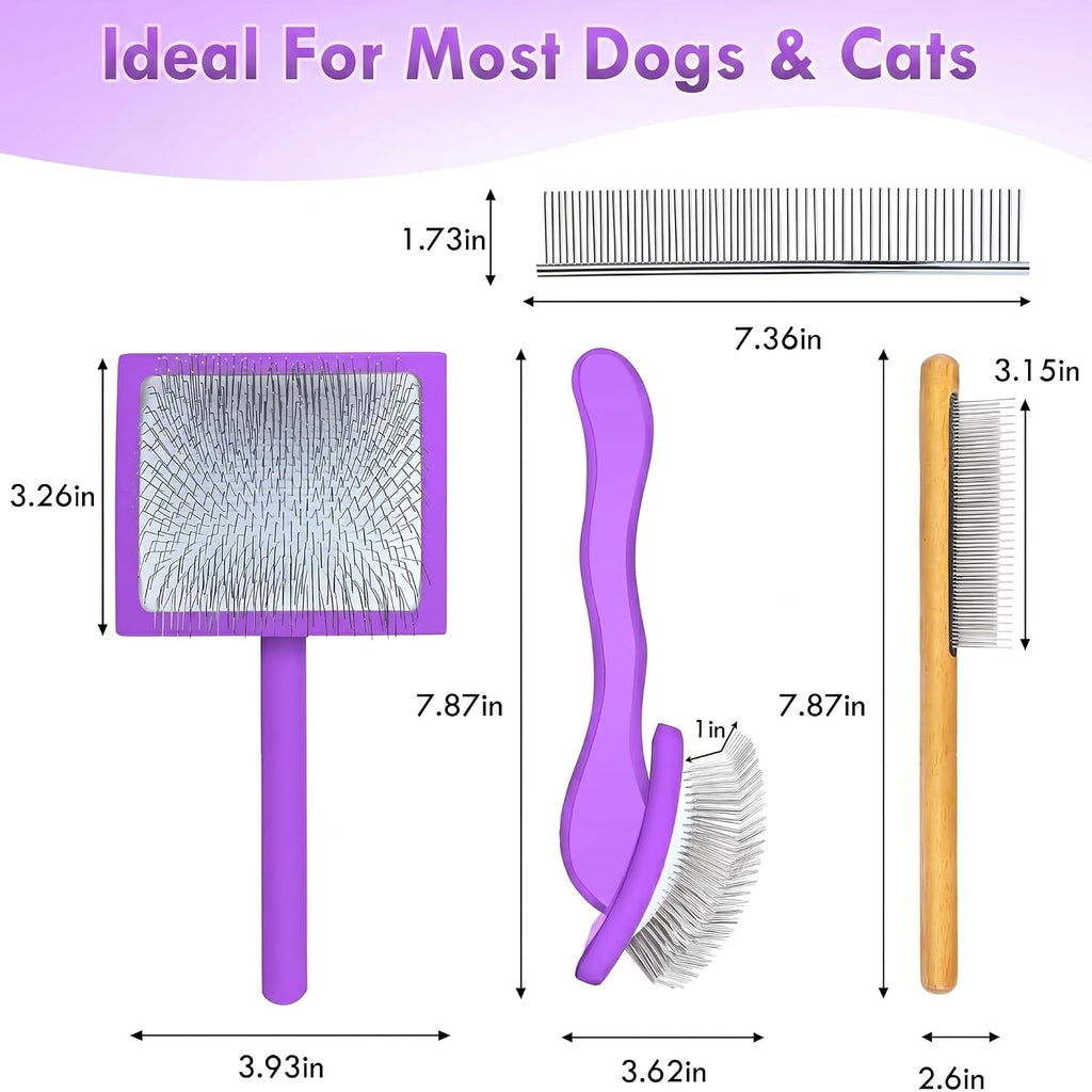 Slicker Brush for Dogs - 3-Piece Grooming Brush Set, Purple
