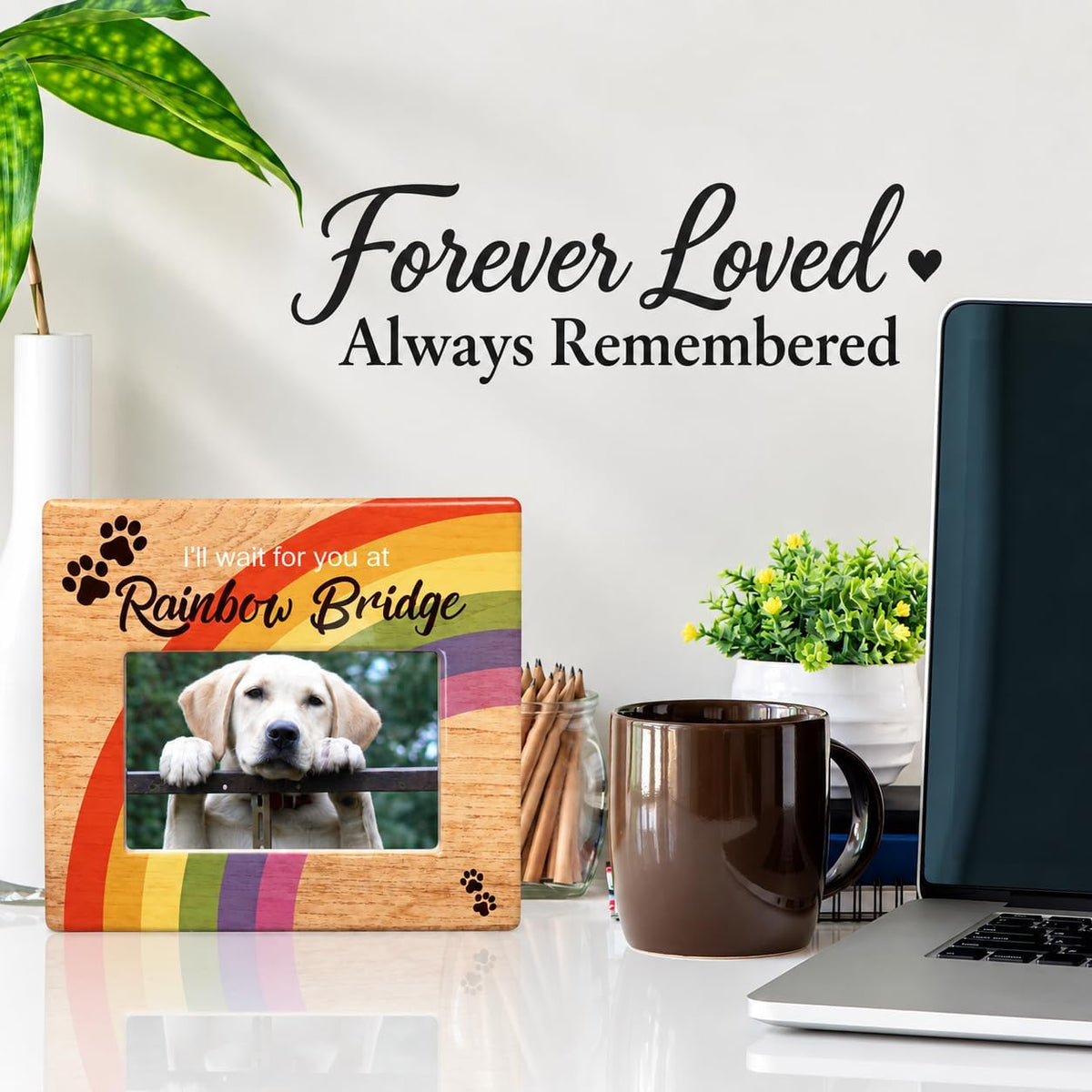 Rainbow Bridge Pet Memorial Picture Frame, Loss of Dog or Cat Sympathy Gift, I’ll Wait for You at Rainbow Bridge Personalized Pet Photo Option, 4 x 6 Picture Frame for Pet Bereavement Condolence Gift