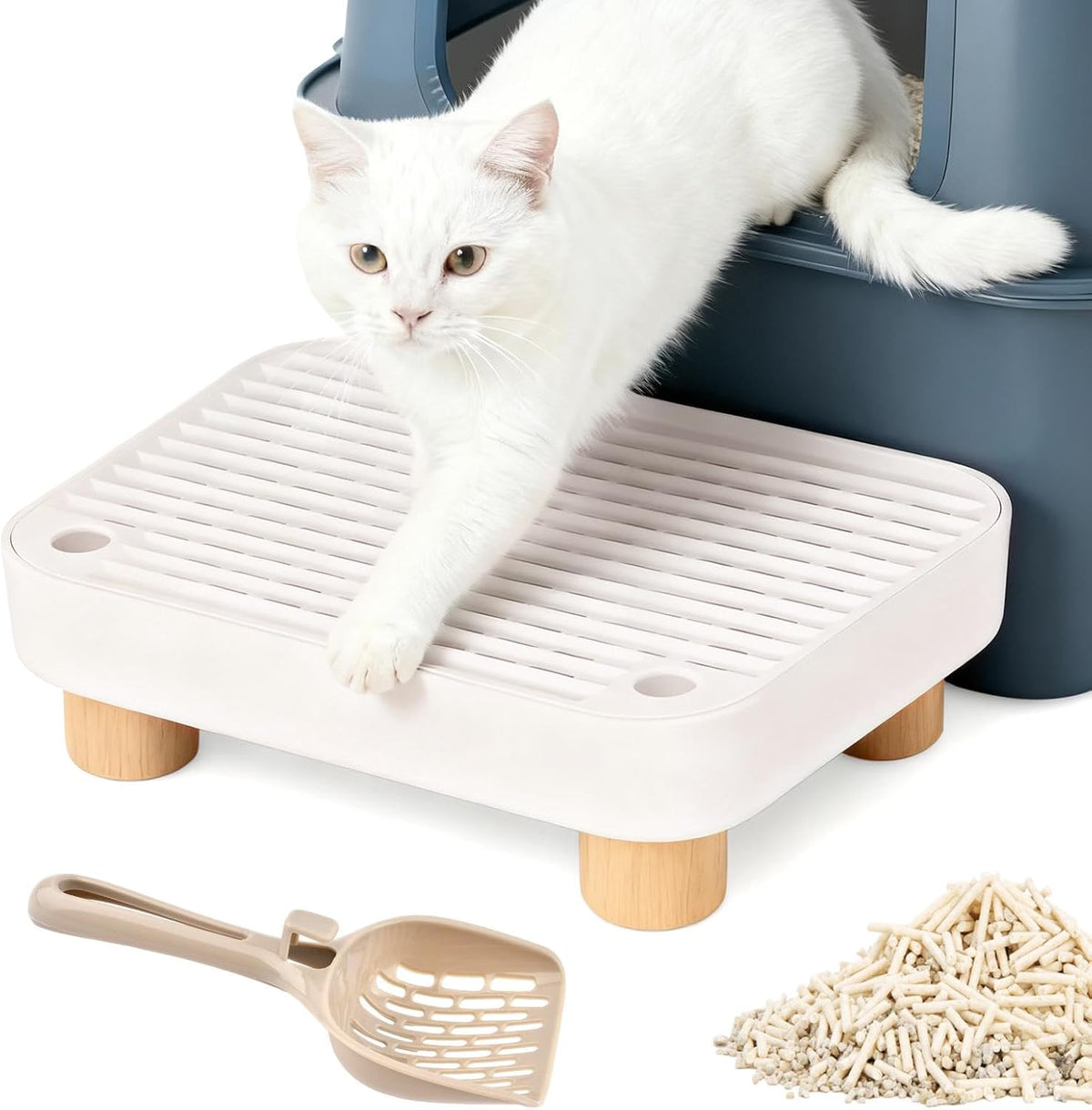 Cat Litter Box Step Ramp, Small Anti-Tracking Litter Catcher with Scoop
