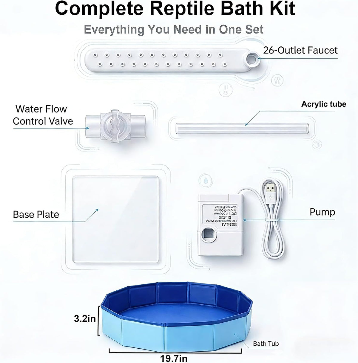Foldable Reptile Bath Set, Bearded Dragon Pool with Flow Control Valve