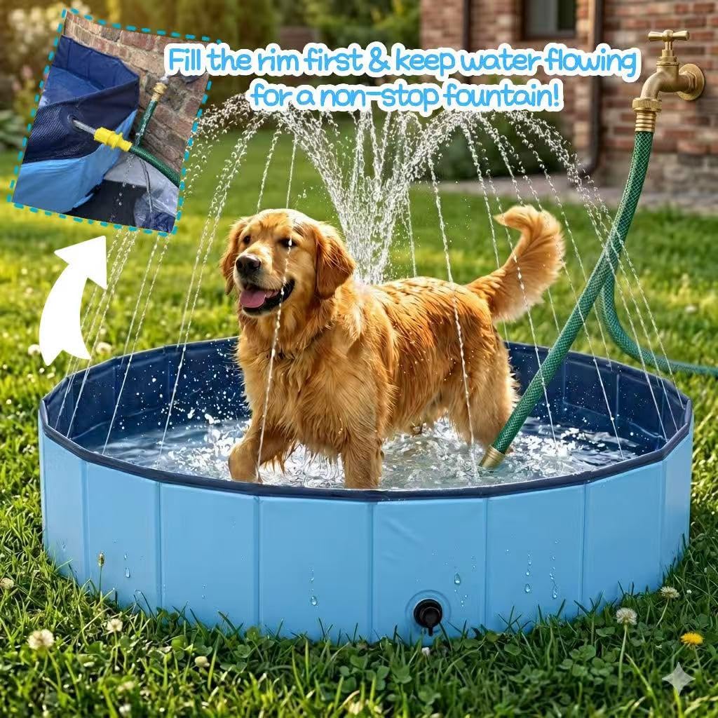 Large Foldable Dog Pool with Sprinkler, Outdoor Collapsible Non-Slip Swimming Pool,Portable PVC Pet Bathing Tub for Pet,47 * 12"