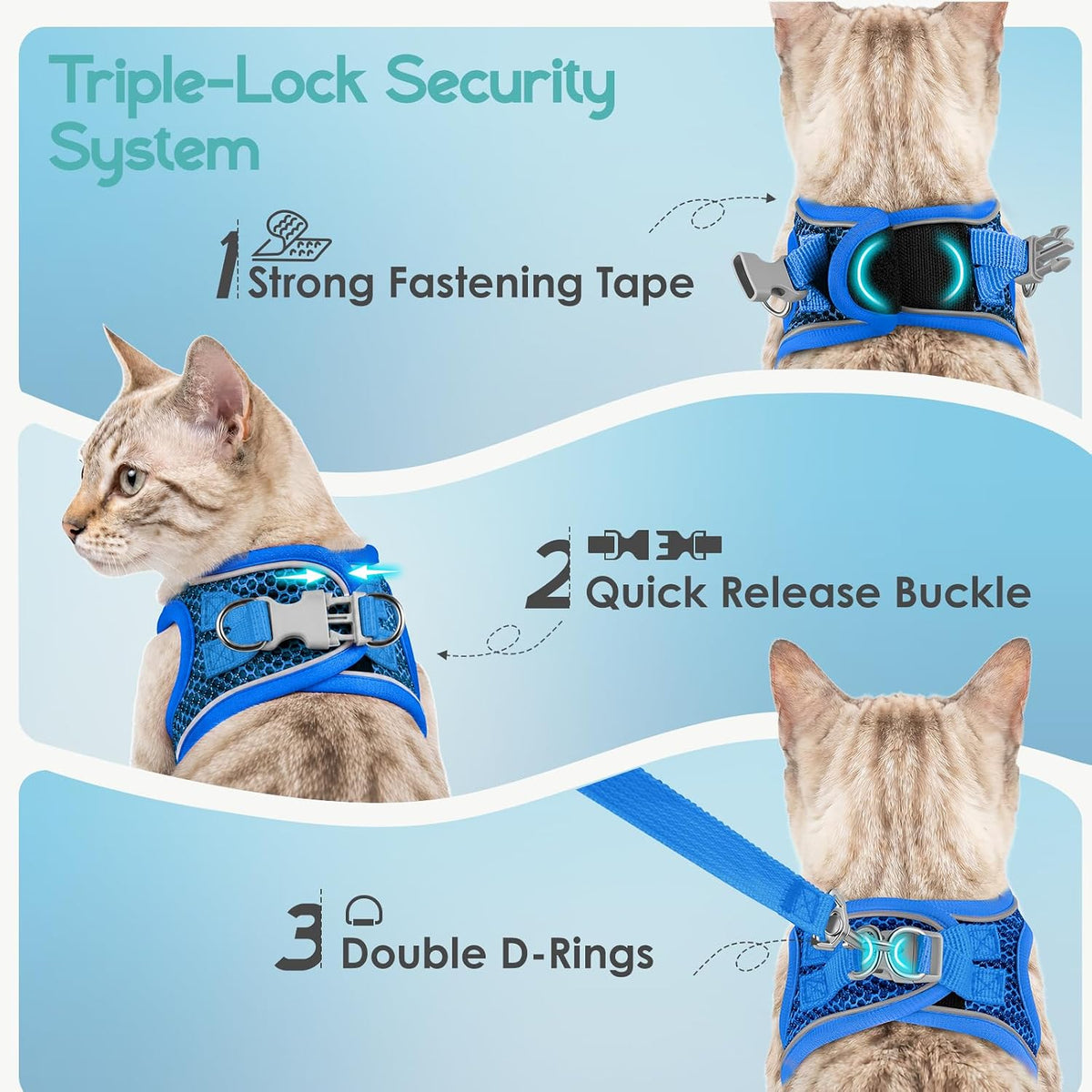 Cat Harness and Leash Set, Step-in Soft Vest, Blue, M