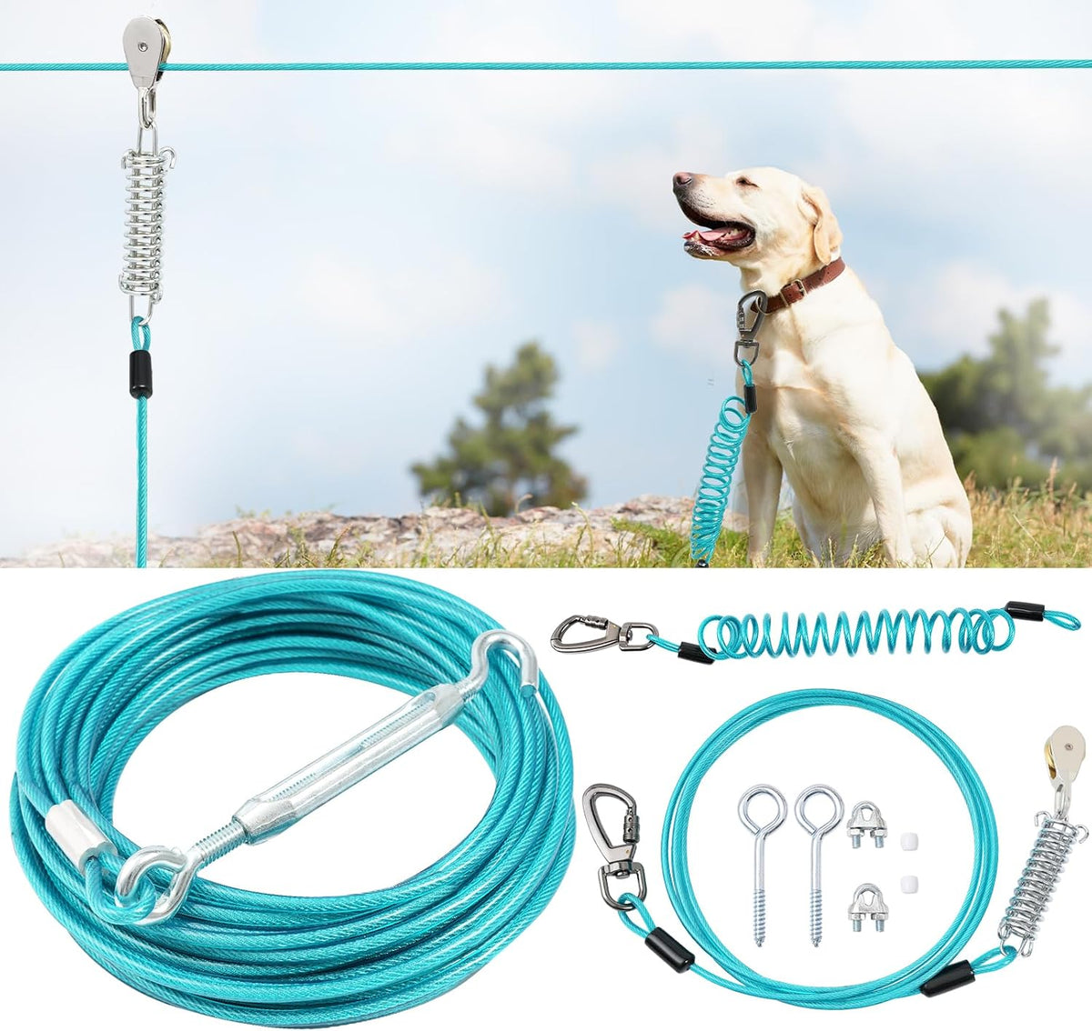 Dog Runner for Yard, Double Shock Absorption Dog Trolley System for Large Dogs, Heavy Duty 50FT Tie Out Run Cable with 10FT Leads, for Dogs Up to 250LBS,Aerial Zipline for Outside,Camping