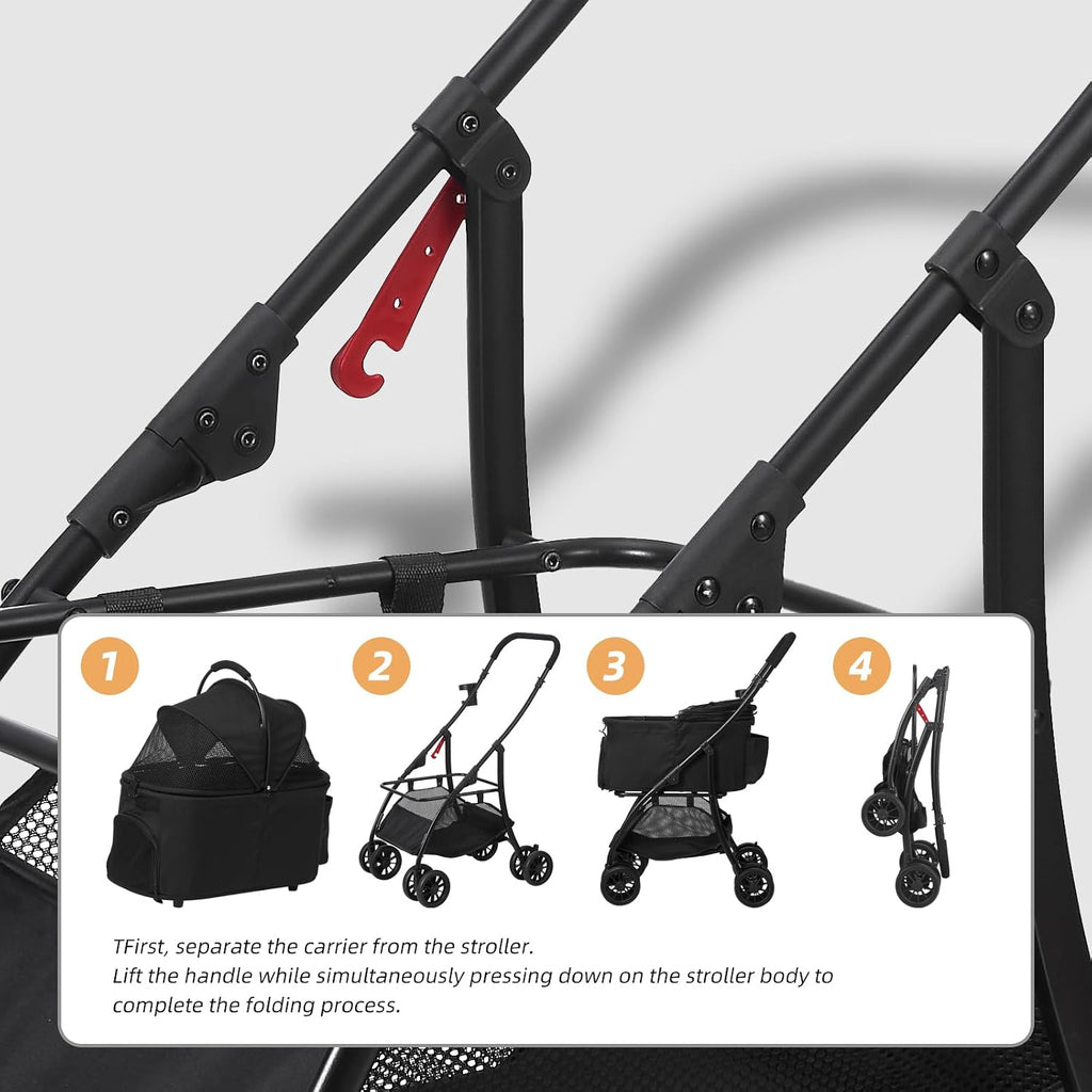 Dog and Cat Stroller with Detachable Carrier, 4-Wheel, Car Seat (Grey)