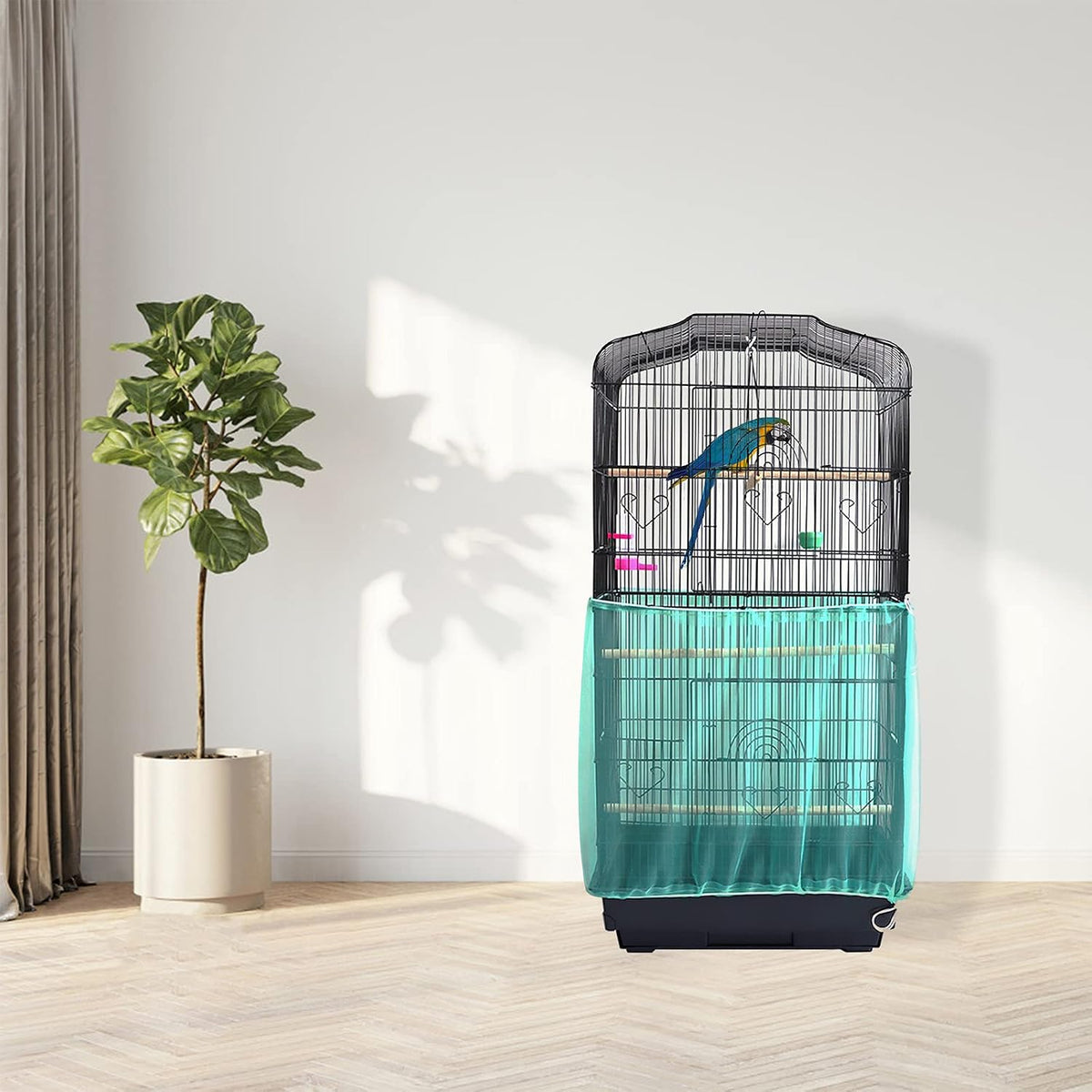 Daoeny Universal Bird Cage Cover, Adjustable Seed Feather Catcher, Soft Airy Nylon Mesh Parrot Net, Birdcage Cover Skirt Sheer Guard for Round Square Cages (Green)