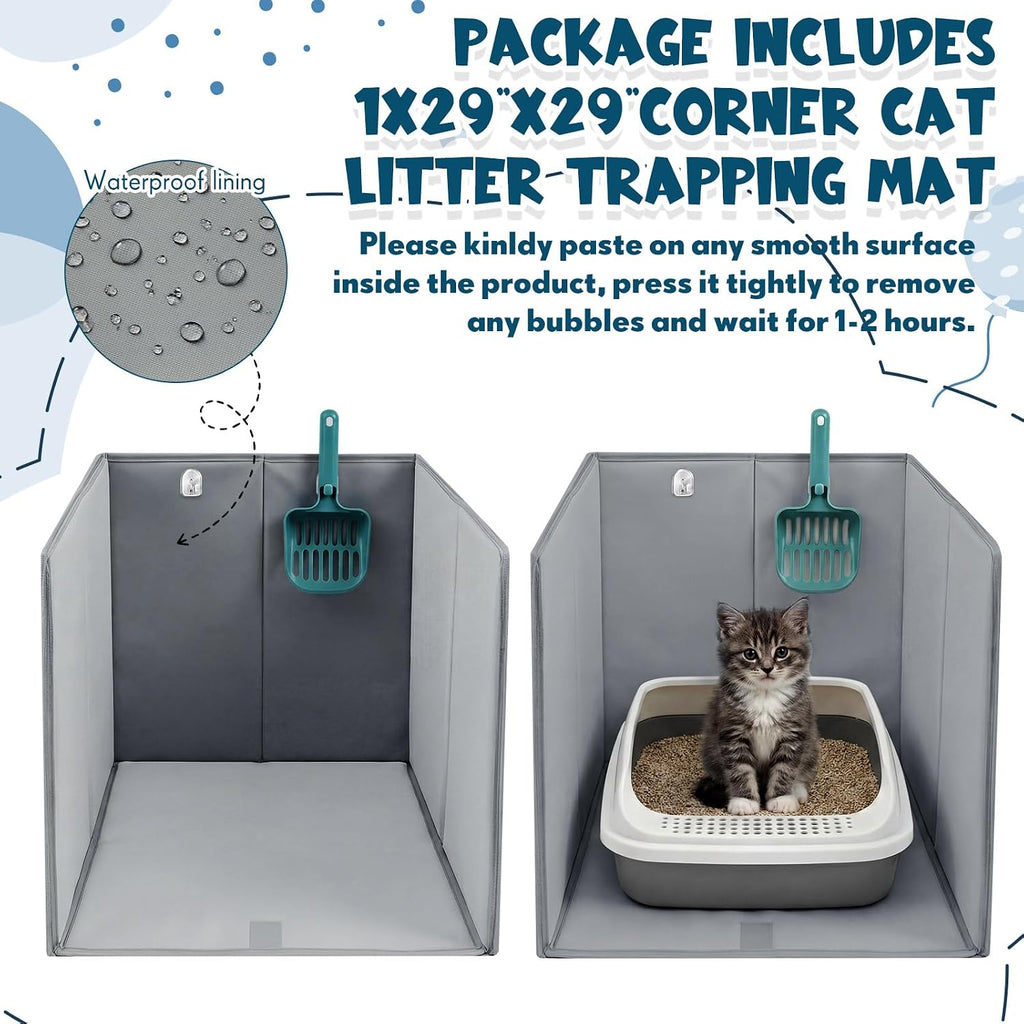 24"L×16.14"W×16.14"H Foldable Cat Litter Box Enclosure Splash Guard with Removable Mat, Cat-print Casing, Large High Sided for Litter Pan Water Resistant Easy Clean Anti-leakage Pee Shields