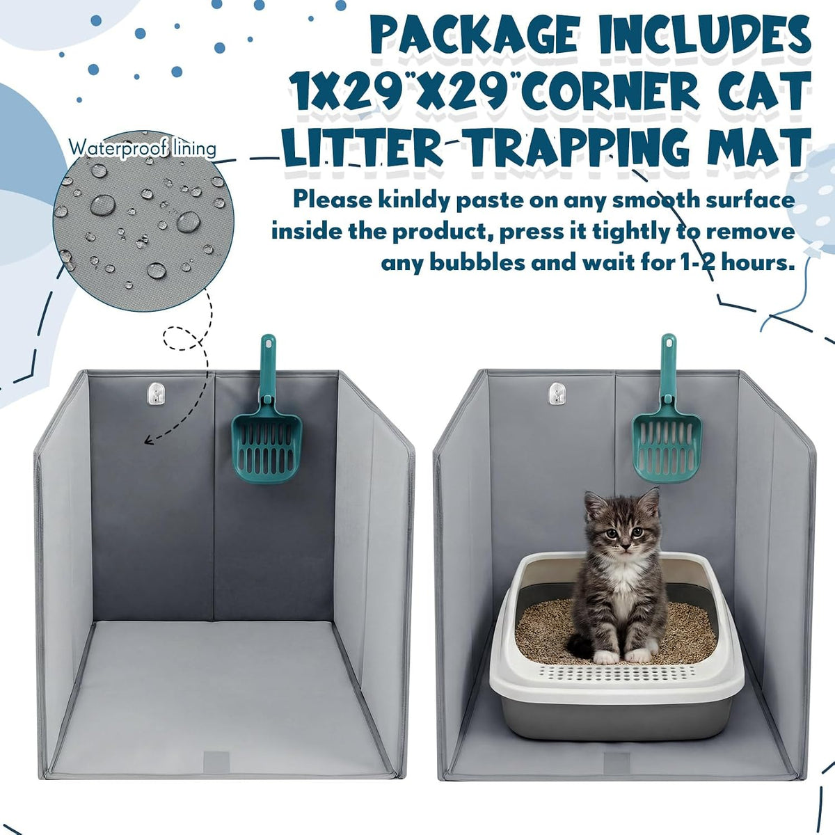 24"L×16.14"W×16.14"H Foldable Cat Litter Box Enclosure Splash Guard with Removable Mat, Cat-print Casing, Large High Sided for Litter Pan Water Resistant Easy Clean Anti-leakage Pee Shields
