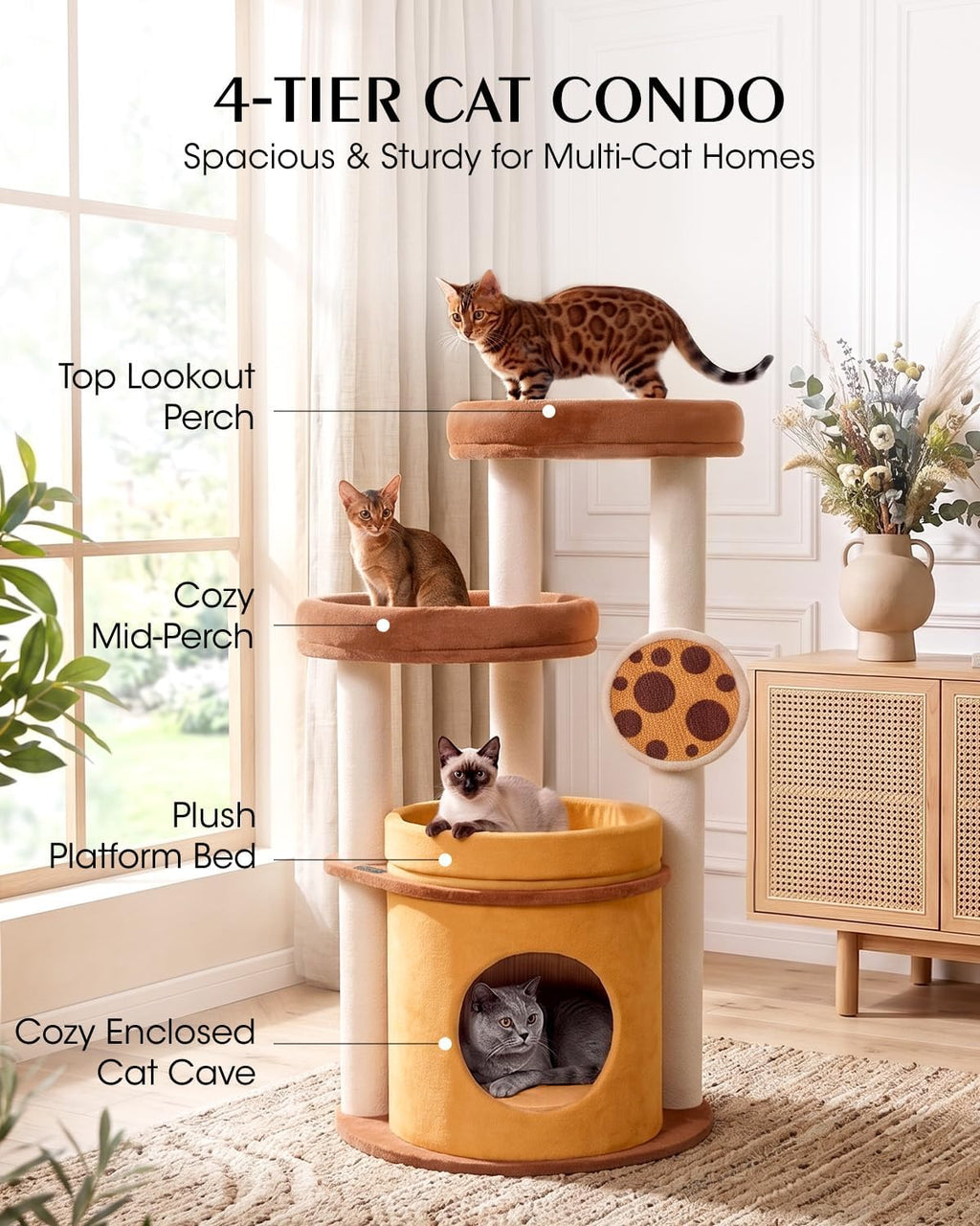 46 inch Cat Tree Tower for Indoor Cats Large Adult, Cozy Cat Condo