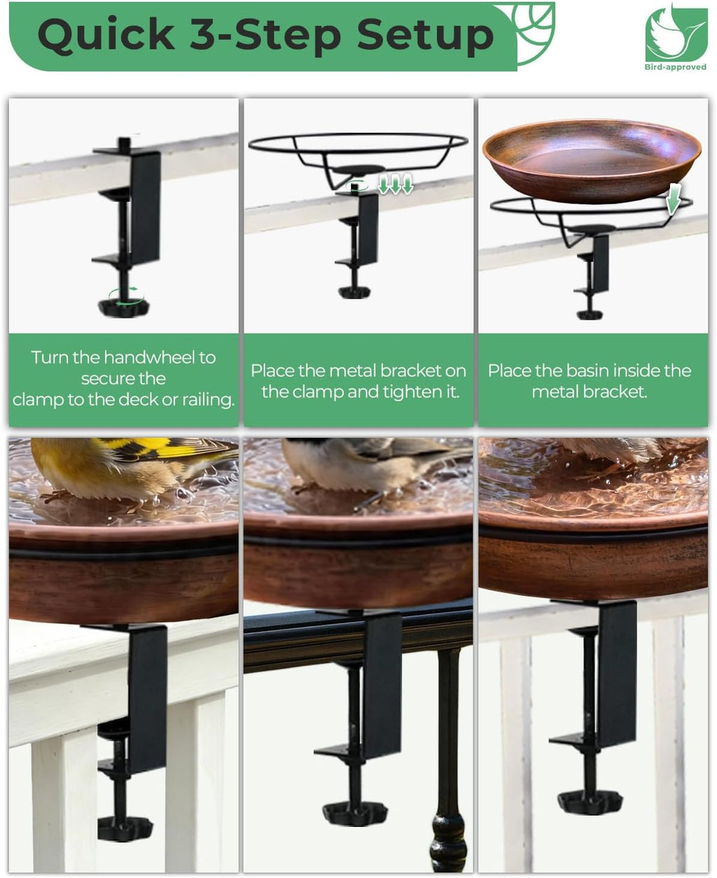 Deck Mounted Bird Bath with Adjustable Clamp, Removable Metal Bowl