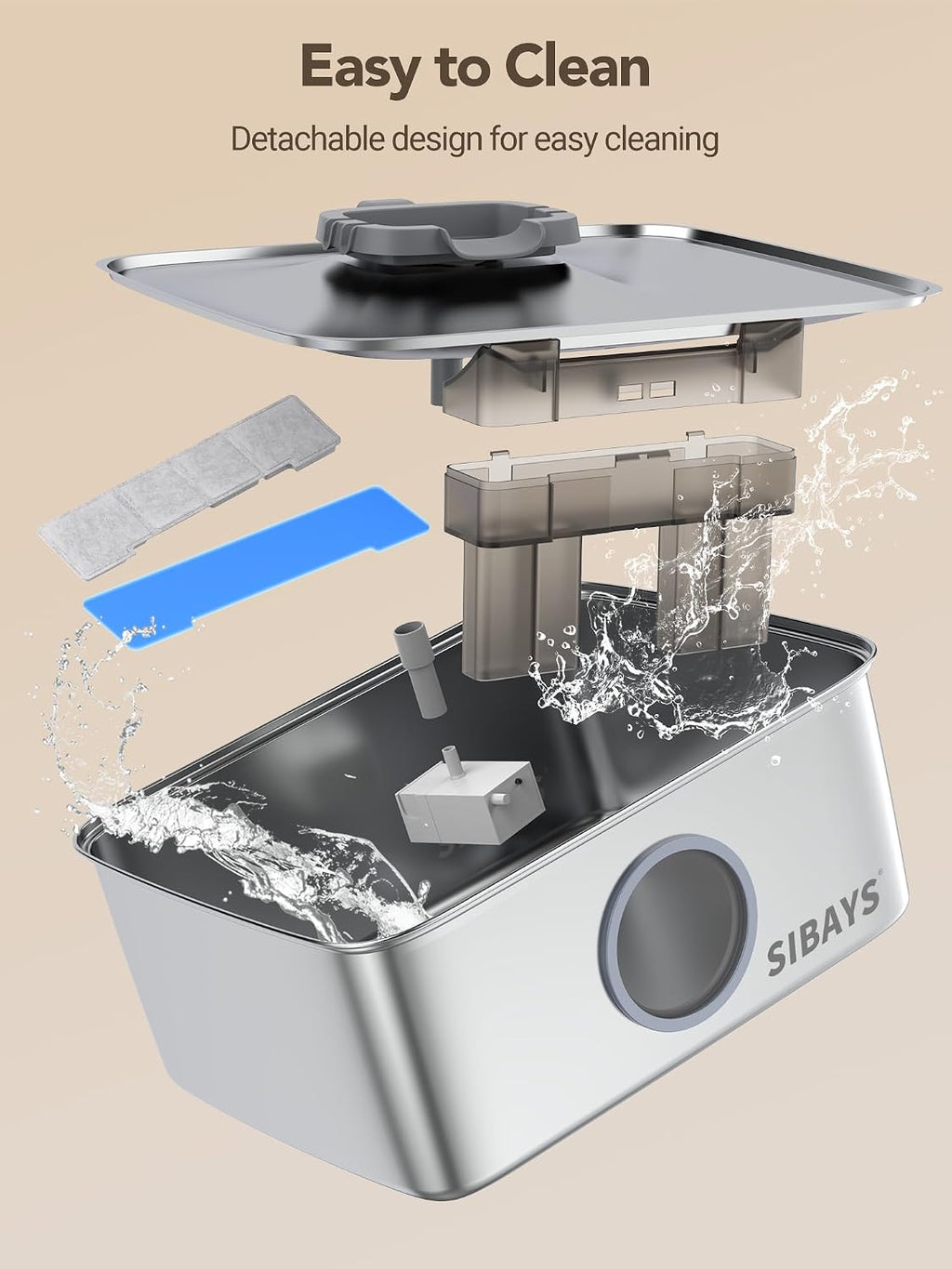 SIBAYS 4Gal/15L Dog Water Fountain, Stainless Steel Large Capacity Pet Water Fountain with Water Level LED Light, Automatic Quiet Dog Water Bowl Dispenser for Large Dogs & Multi-Pet Easy to Clean FS79