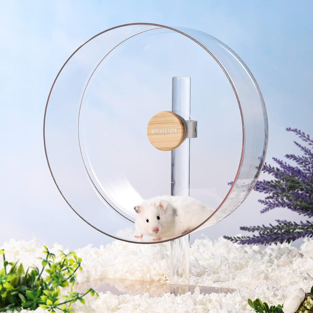 BUCATSTATE Hamster Wheel Silent 12.5inch, Acrylic Hamster Exercise Wheel with Stable Adjustable Stand Running Wheel for Golden Bear Hamster, Sugar Gliders, Rats, Hedgehogs (Transparent)