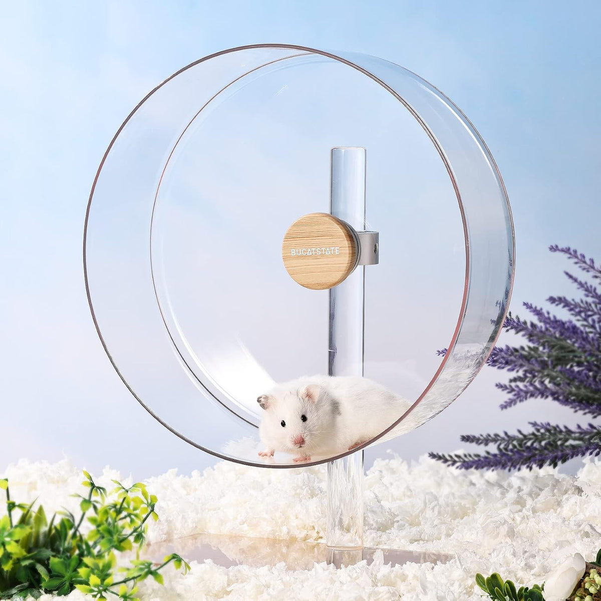 BUCATSTATE Hamster Wheel Silent 12.5inch, Acrylic Hamster Exercise Wheel with Stable Adjustable Stand Running Wheel for Golden Bear Hamster, Sugar Gliders, Rats, Hedgehogs (Transparent)