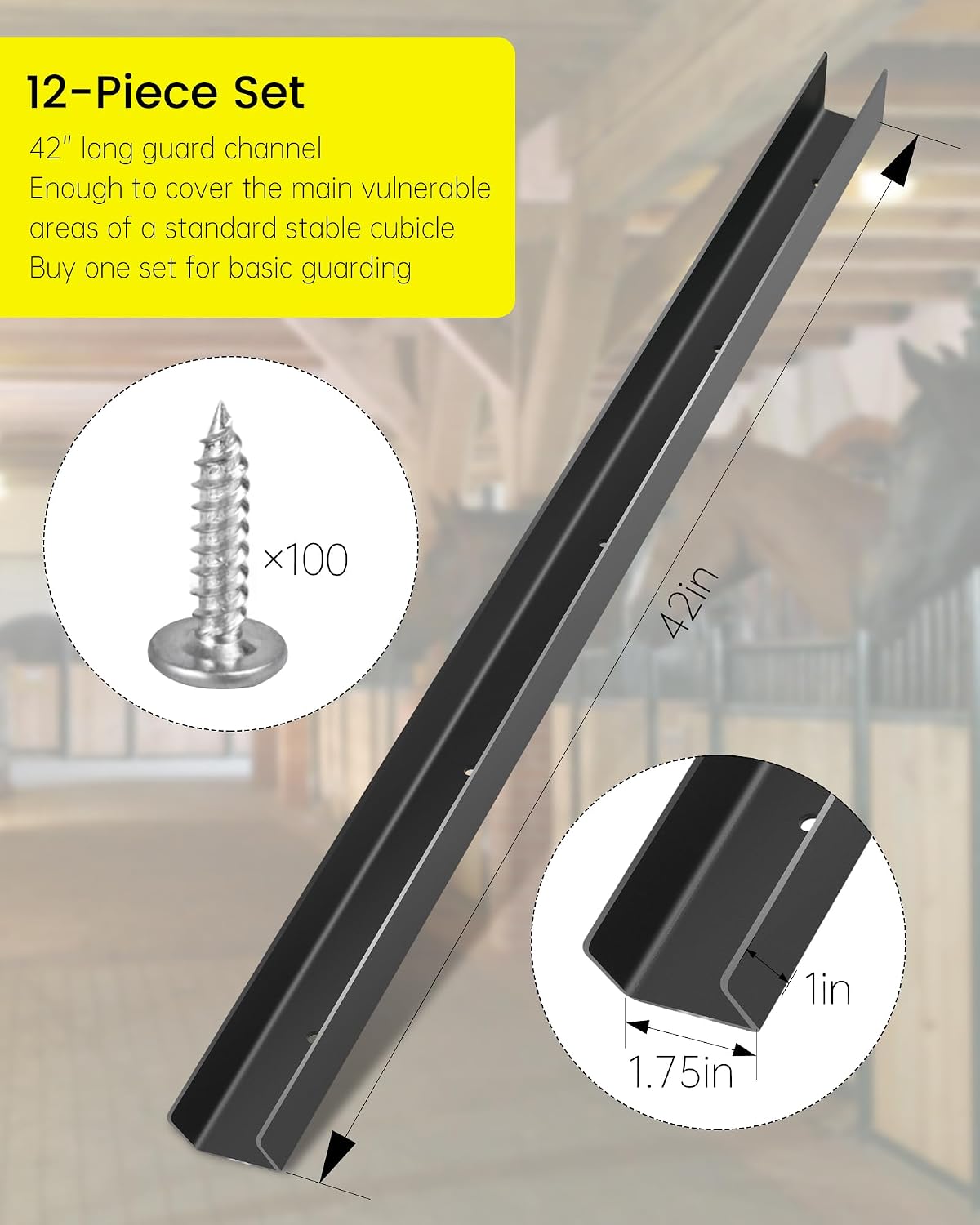 12 PCS 42 Inch Horse Stall Wall Channels, Horse Stall Chew Guards Wood Protector with 100 Screws for Wooden Compartment Stables, Training Ground Fences, Door Frame Columns, Feeding Area Edges