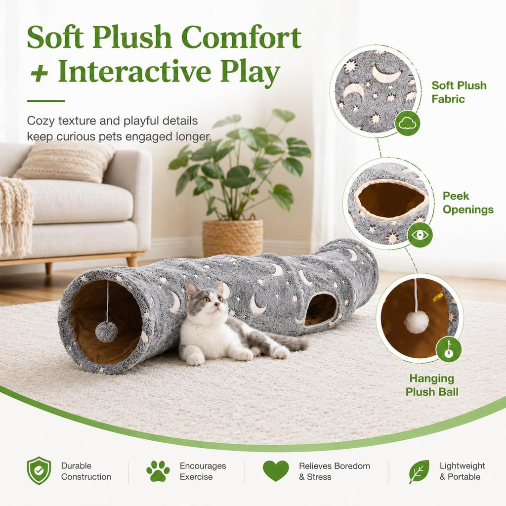 S-Shape Cat Tunnel Glow in the Dark, Grey Moon Star Pattern