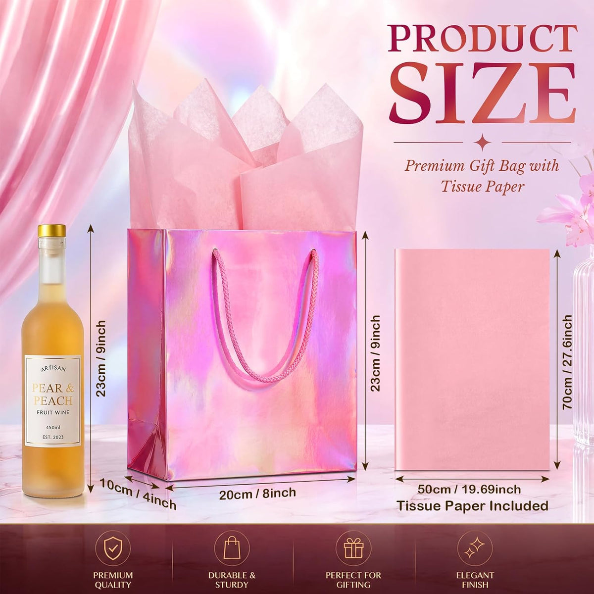 24 Pack Pink Gift Bags with Tissue Paper, Metallic Finish, Rope Handles
