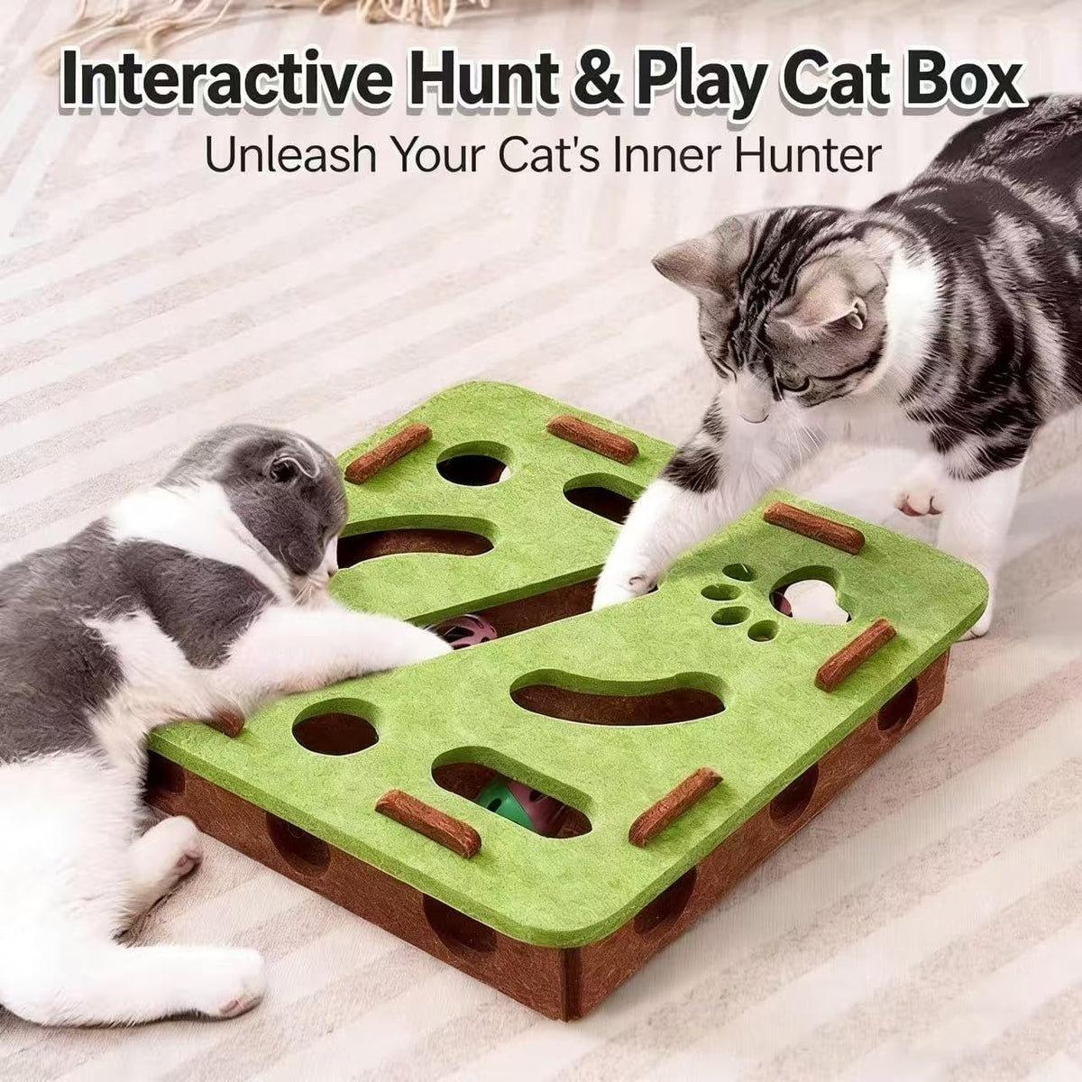Interactive Cat Puzzle Toy, Cat Scratch Puzzle Enrichment Box with Bell, Felt Maze Box, Mental Stimulation Toy for Cats, Self Play Fun Exercise Hide Seek Moving Cat Toy for Bored Cats