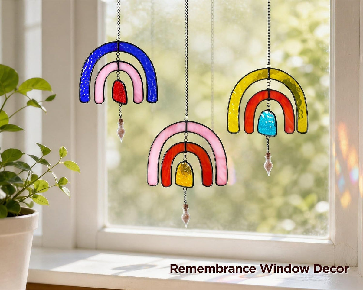 Rainbow Bridge Pet Memorial Gift for Loss of Dog, Stained Glass Jar & Bottle for Fur, Hair, Whiskers or Ashes Keepsake Urn, Sympathy Gift for Pet Bereavement & Remembrance - Pink