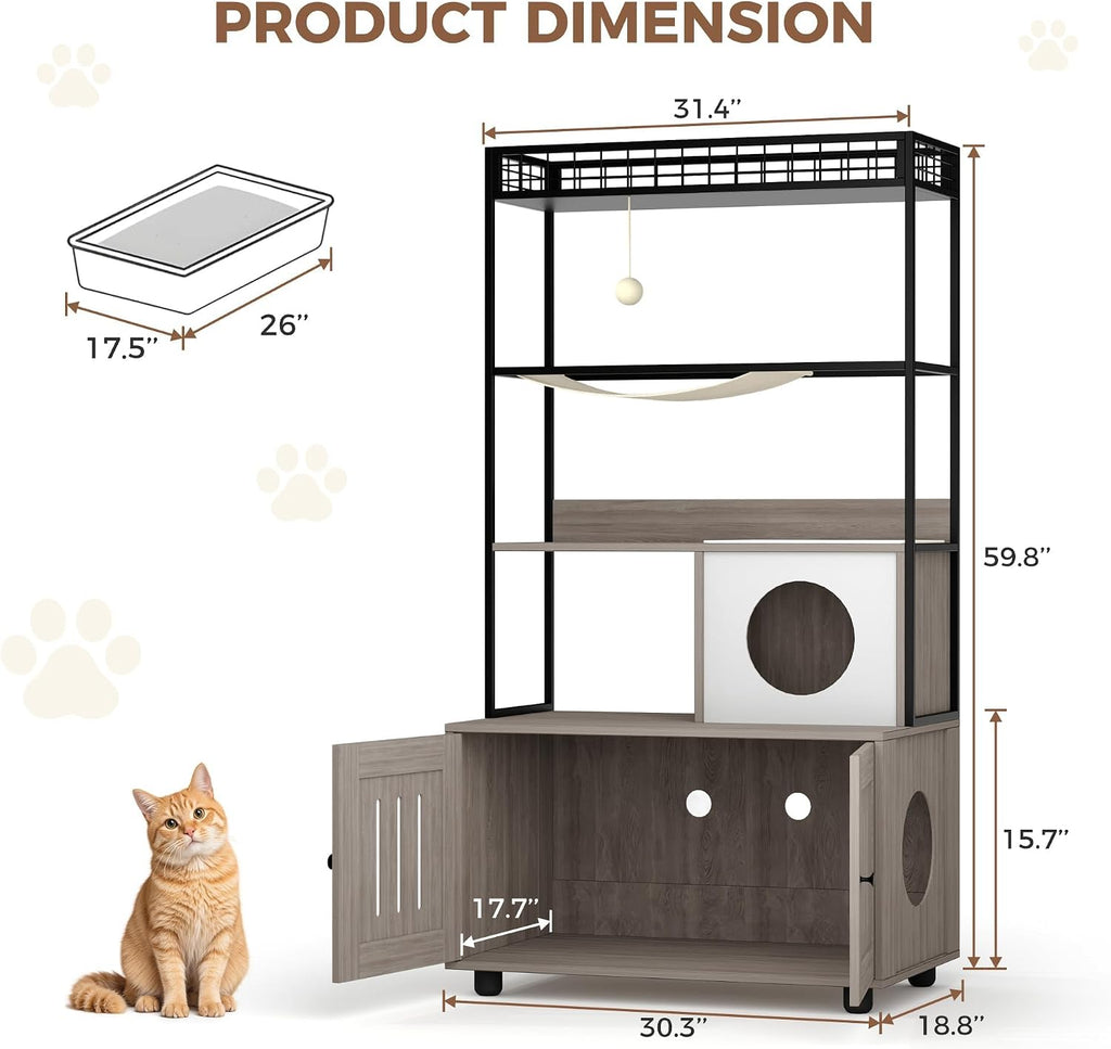 Hidden Cat Litter Box Enclosure Furniture with Storage Rack and Hammock