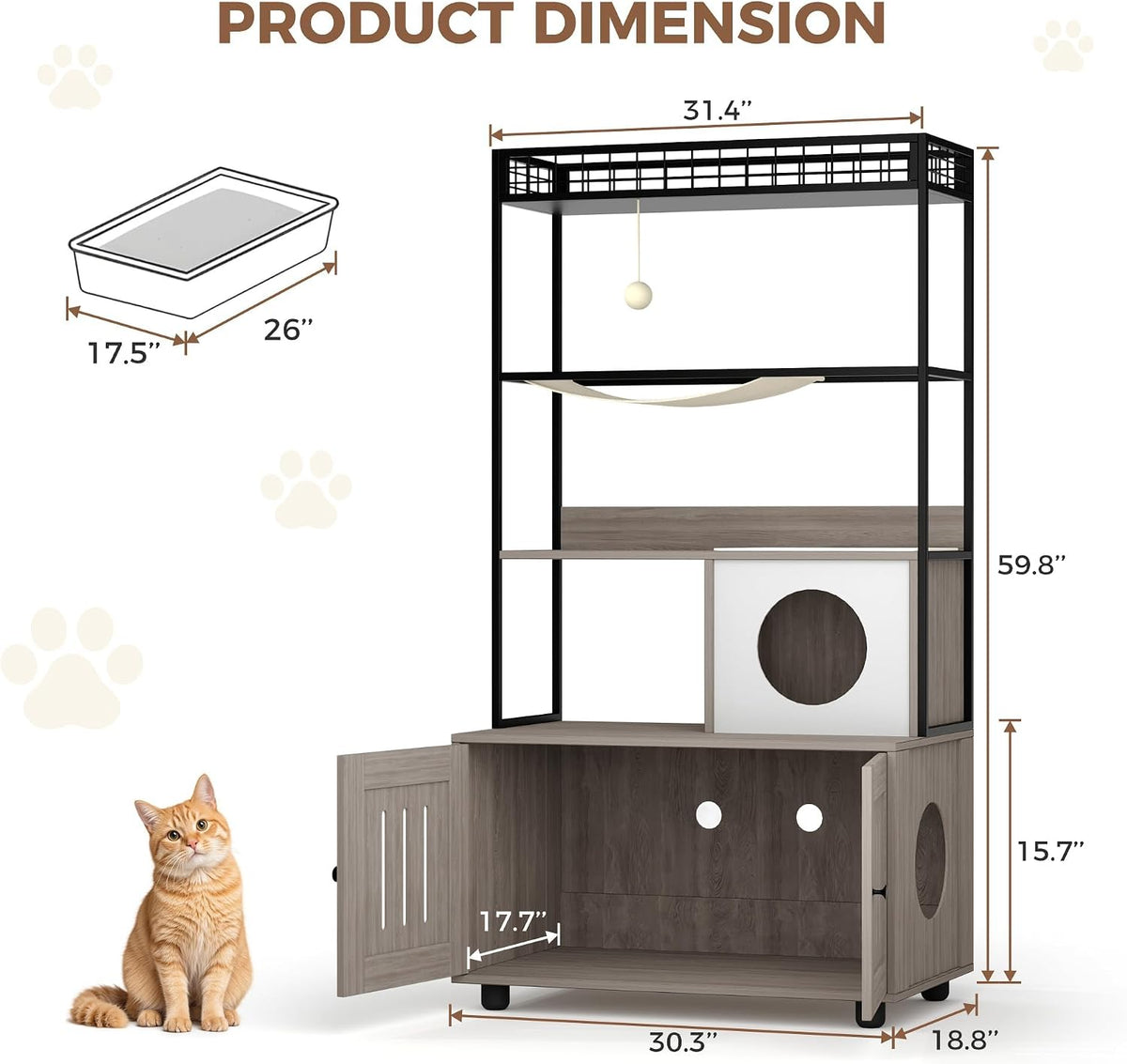 Hidden Cat Litter Box Enclosure Furniture with Storage Rack and Hammock