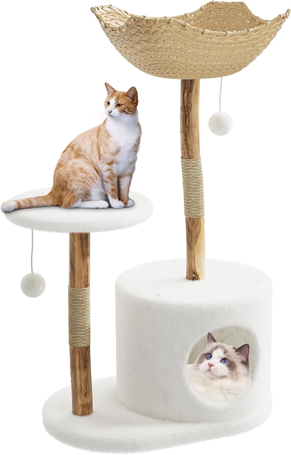 Luxury Wooden Cat Tree Tower for Cats – 46-Inch Modern Cat Condo with Spacious Basket, Sturdy Scratching Posts, Platforms, Hanging Pom Pom Balls