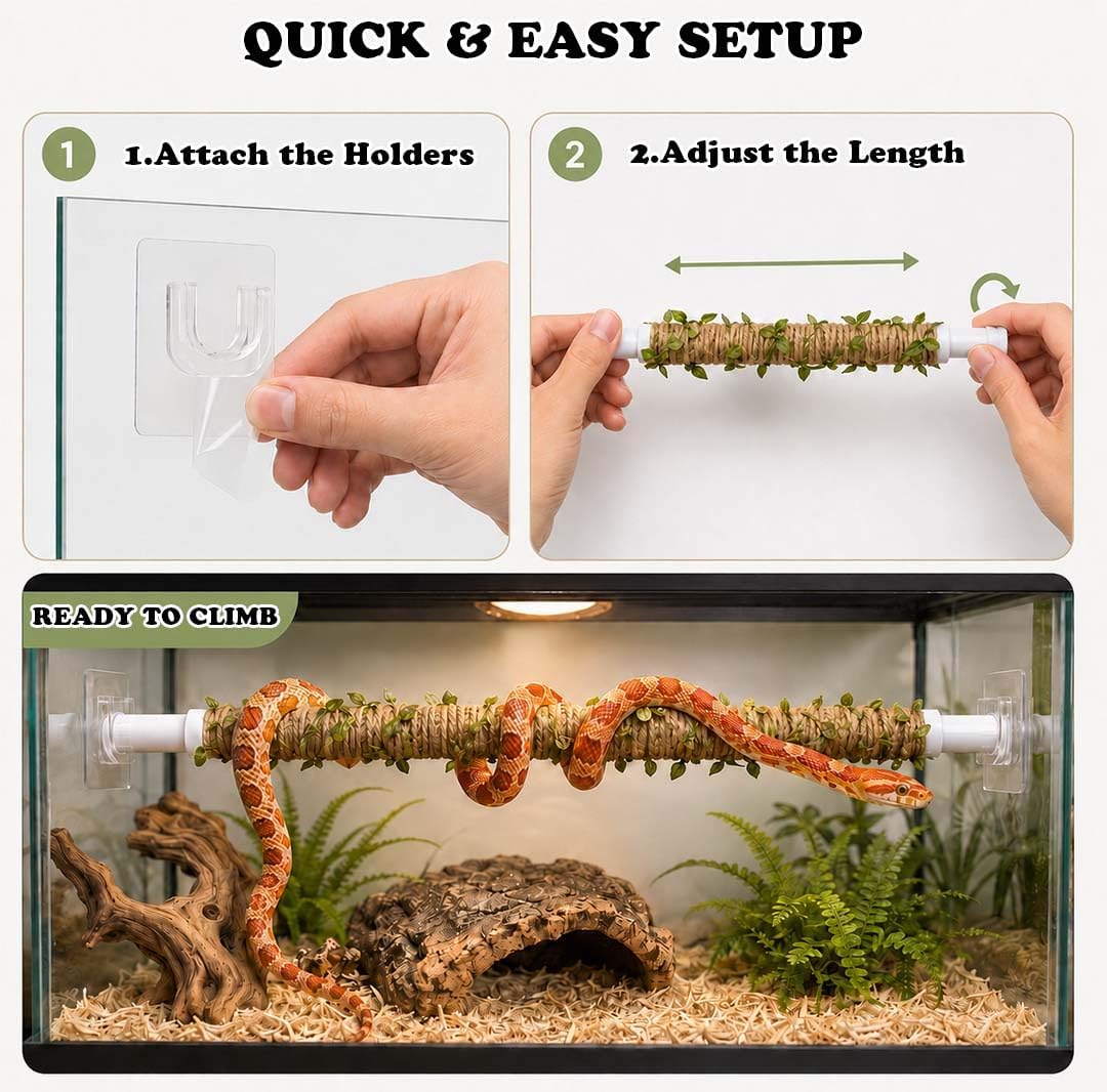 Adjustable Snake Perch, 15.55-24.4 Inch Telescopic Climbing Stick, Ball Python Climbing Accessories, Swing Enrichment Toy and Tank Decor for Corn Snakes and Ball Pythons