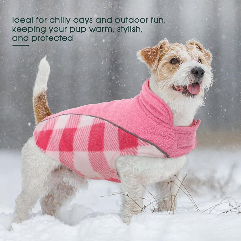 Kuoser Dog Winter Coat, Reversible Waterproof Dog Jacket with Reflective Strip, Warm Dogs Fleece Vest Adjustable Doggy Cold Weather Clothes Plaid Christmas Outfit Pet Apparel for Small Dogs, Pink XS