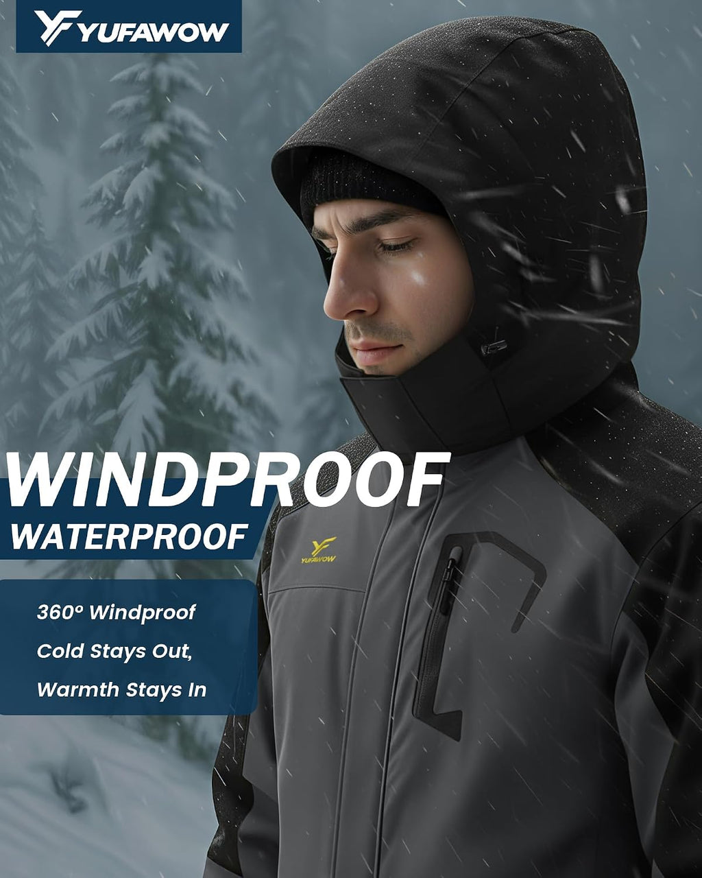 Yufawow Men Winter Jacket Skiing Jacket Insulated Fleece Lined Waterproof Windbreaker for Snowboard Hiking Camping ATV Outdoor Work