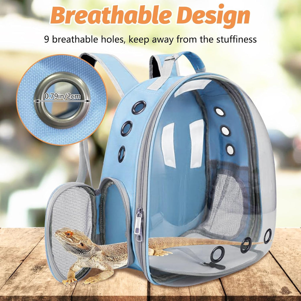 kathson Bearded Dragon Carrier with Harness and Leash Set, Large Reptile Travel Carrier Portable Lizard Backpack Clear Small Animals Carrying Bag for Gecko Hamster Rabbit Hedgehog Kitten (Blue)