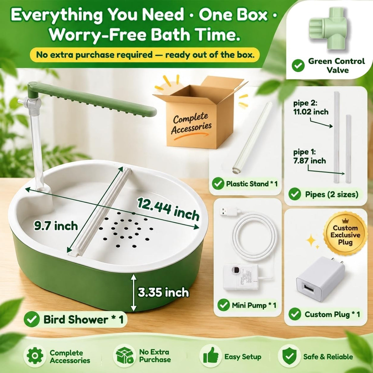 Bird Shower, Parrot Bath for cage with Circulating Water, Green Pipe
