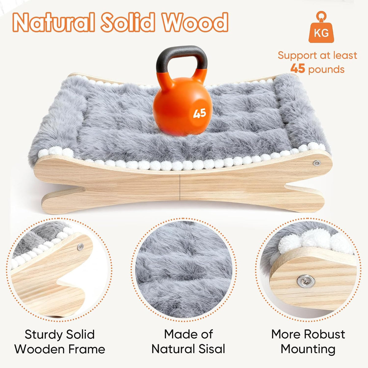 Plush Elevated Cat Bed - Cozy Raised Cat Hammock with Solid Wood Frame, Soft Furry Cushion for Indoor Cats & Small Dogs, Multi-Color Options(Grey)