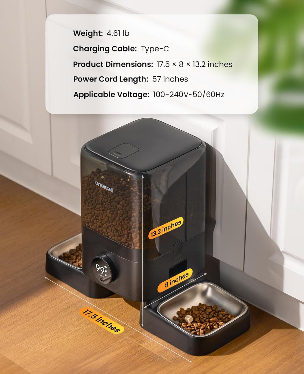 oneisall 2.4G Cordless Automatic Cat Feeder, Rechargeable, 20 Cups/5L