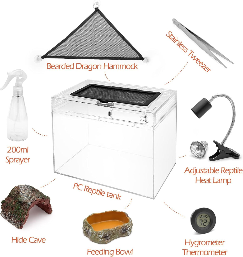 AZV Reptile Terrarium Starter Kit,8 Piece 3.2-Gal Clear PC Hermit Crab Tank