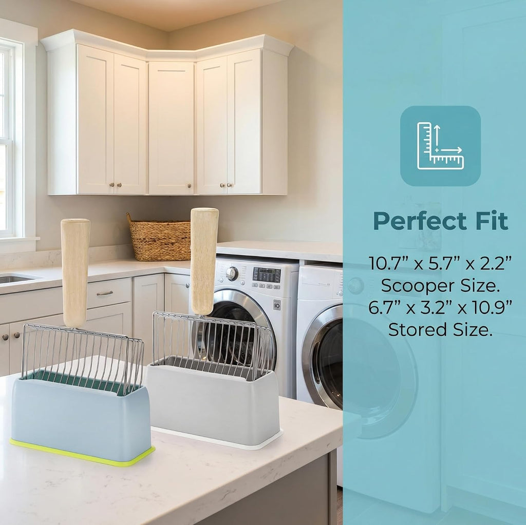 Hiceeden 2 Pack Fast Sifting Cat Litter Scoop with Stand, Metal Kitty Litter Scoop Holder with Wooden Handle, Easy Clean Cat Poop Scooper for Kitten Litter Box, Gray and Blue