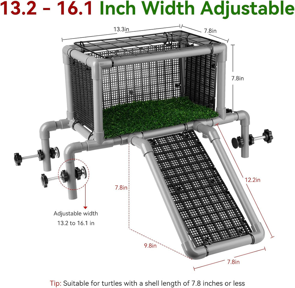 Large Turtle Topper Basking Platform Above Tank - PVC Turtle Dock with Ramp for Glass Turtle Tank Turnover Box Tank Adjustable 13.2 to 16.1 Inches Resting Area