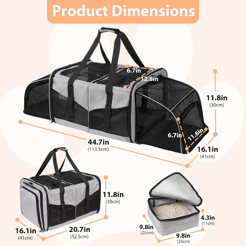 Large Cat Carrier for 2 Cats, Expandable with Divider & Litter Boxes