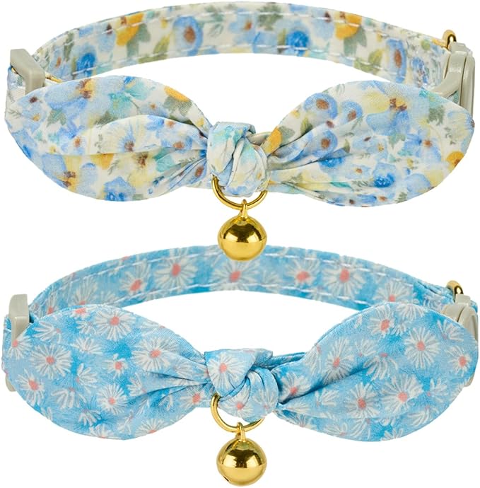 2 Pack Cotton Cat Collar, Removable Bowtie, Floral Pattern, Safety Breakaway by Petiry