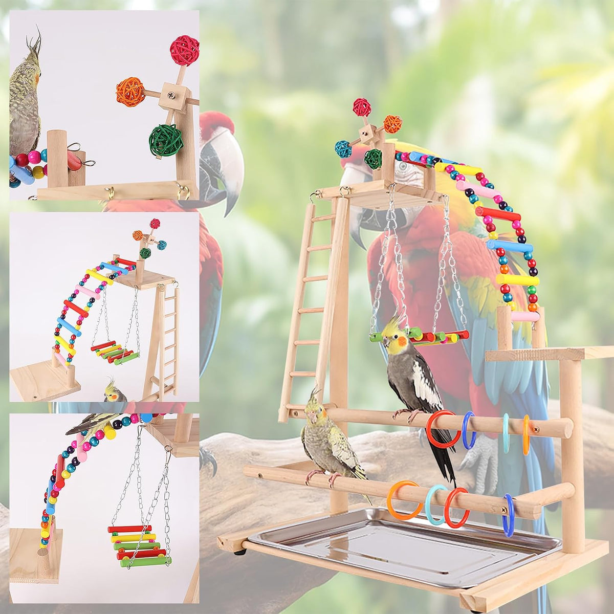 Bird Playground, Parrot Perch Stand, Natural Wood Playstand Play Gym with 2 Perches Stand, Bird Cage Accessories, Parrot Swing for Parakeet Conure Cockatiel Lovebird