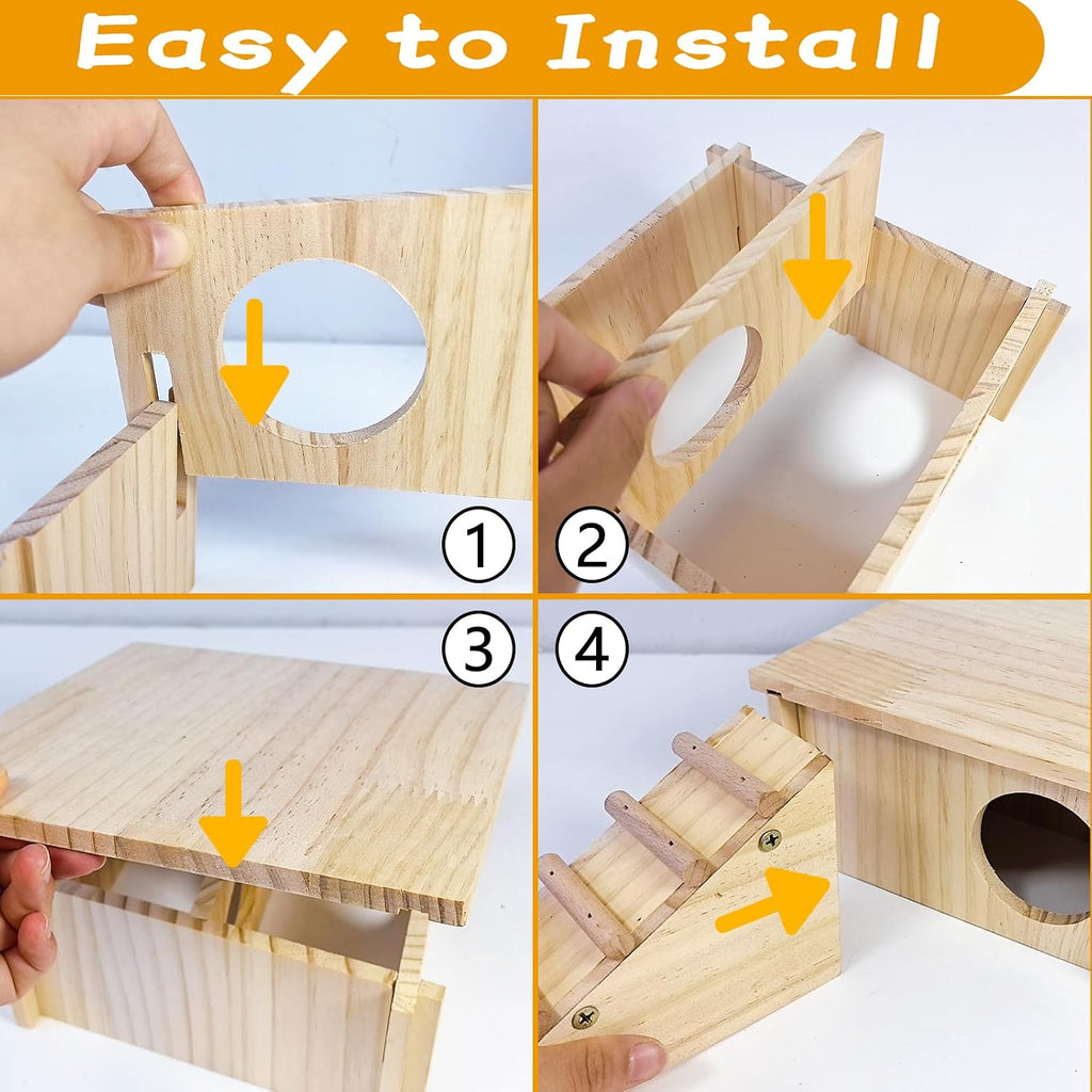 Multi-Chamber Wooden Hamster House Hideout Maze Cage Accessories Decor