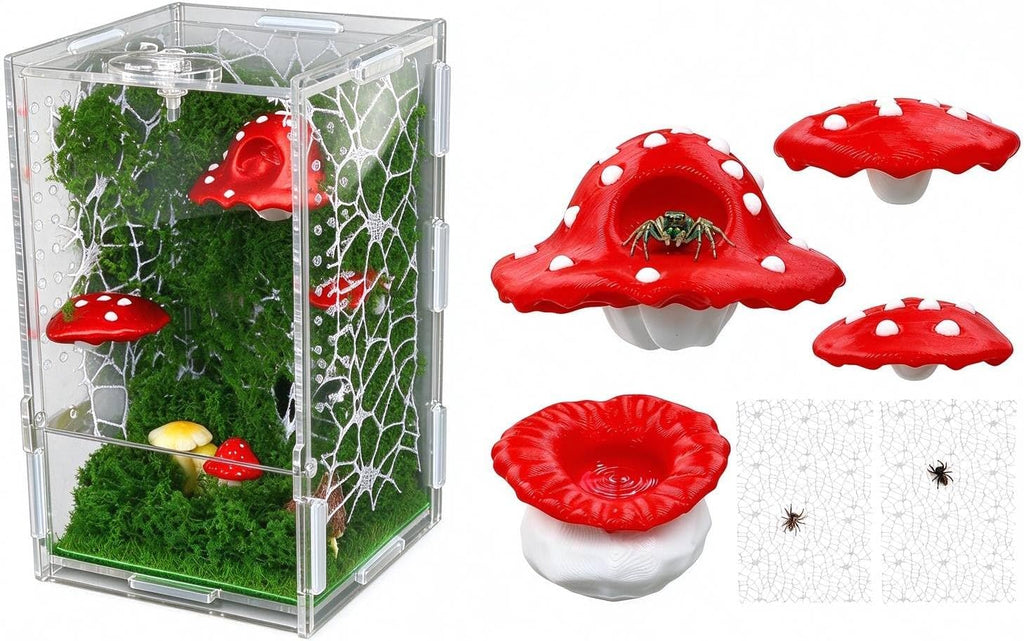 Jumping Spider Enclosure, Clear Acrylic Escape-Proof Terrarium with Micro Vents & Front Opening + 6 Pcs Magnetic Mushroom Styling Platform Accessories for Jumping Spiders, Tarantulas & Mantis