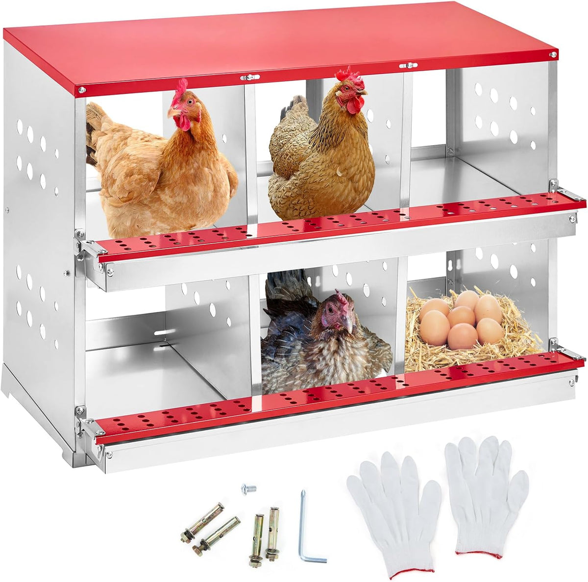 GarveeLife Chicken Nesting Box Metal with Swing Perch and Roll Out Egg Collection, 6 Compartments Egg Laying Box for Hens Chickens Ducks, Vented & Easy Clean for Coop
