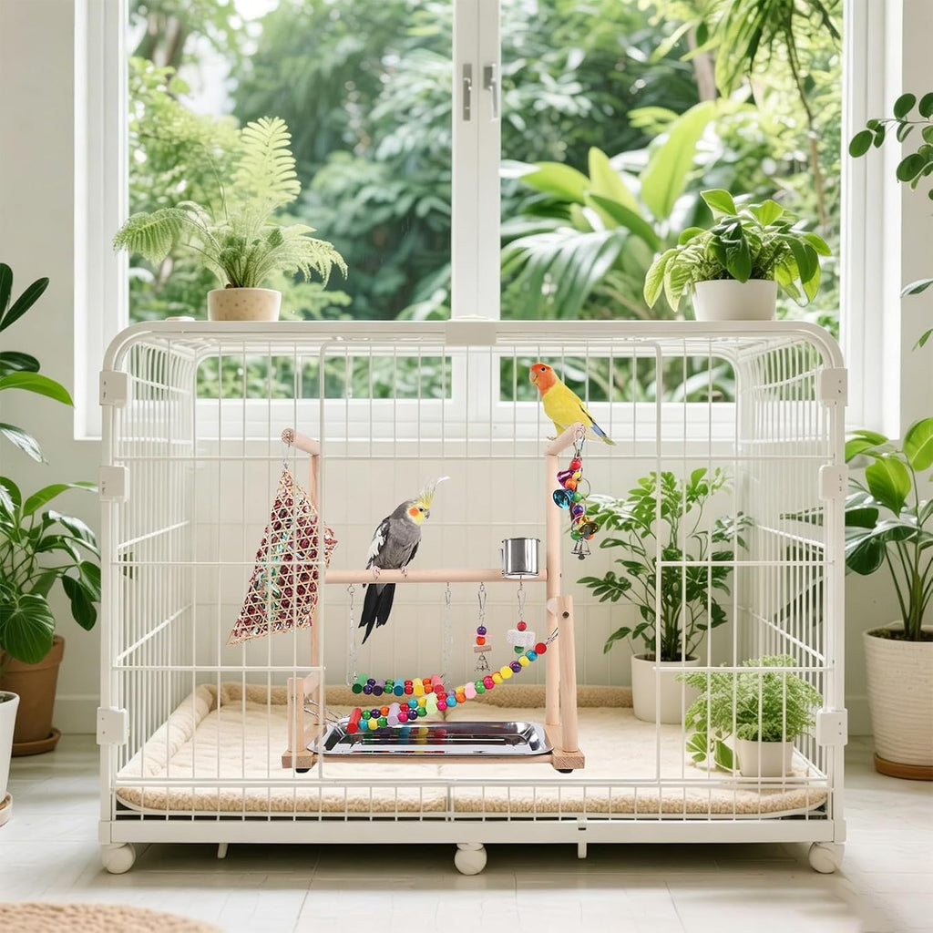 Parrot Playstand Bird Playground, Wooden Bird Perch Gym with Feeder Cups, Swing & Chew Toys, Bird Cage Accessories for Cockatiel Conure Parakeet Lovebird