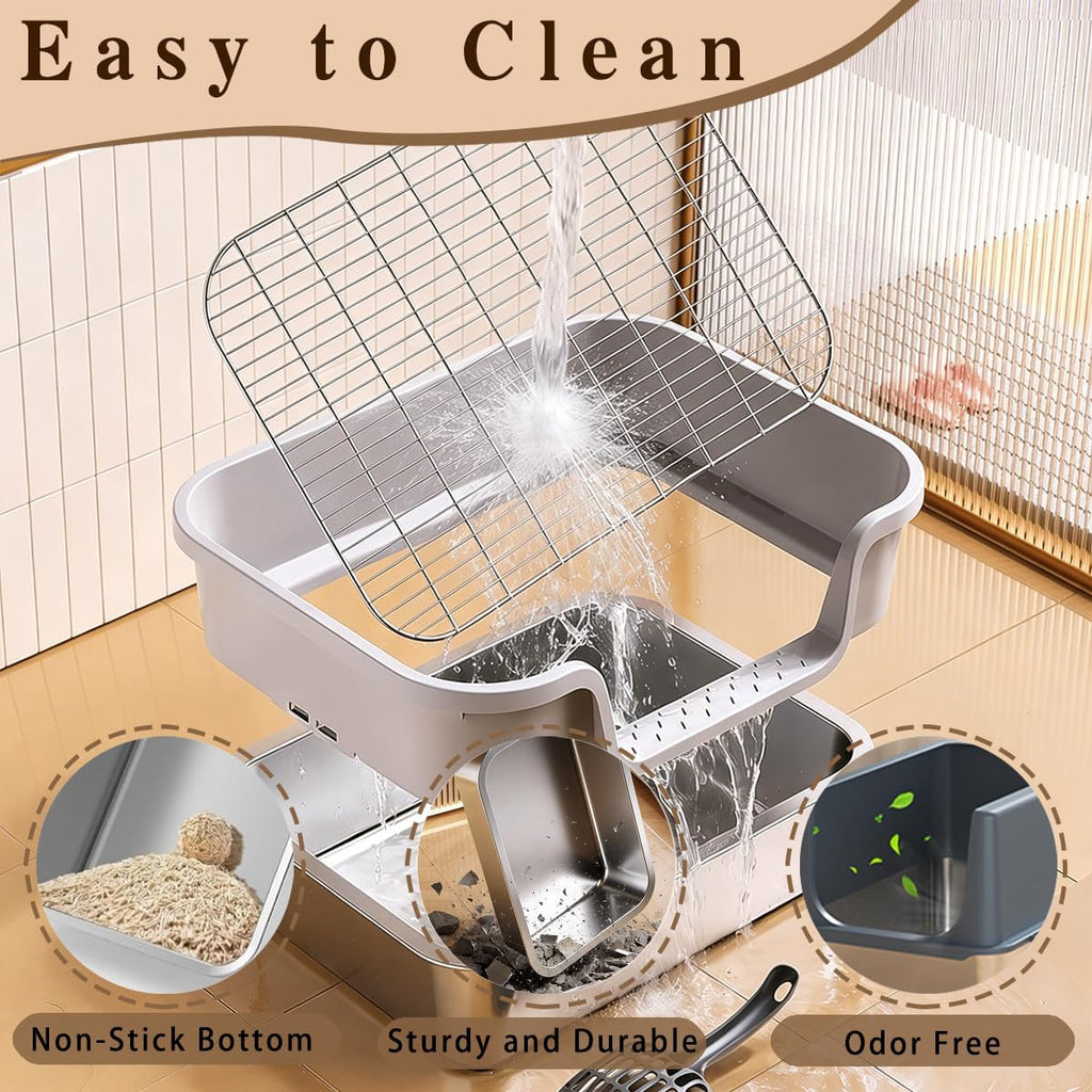 Stainless Steel Rabbit Litter Box with Grid High Side, 17"x13.4"x7.8" Easy Clean Metal Litterbox Pan with Sifting Tray for Small Medium Animals Pets Guinea Pig Kitten Ferret, Gray