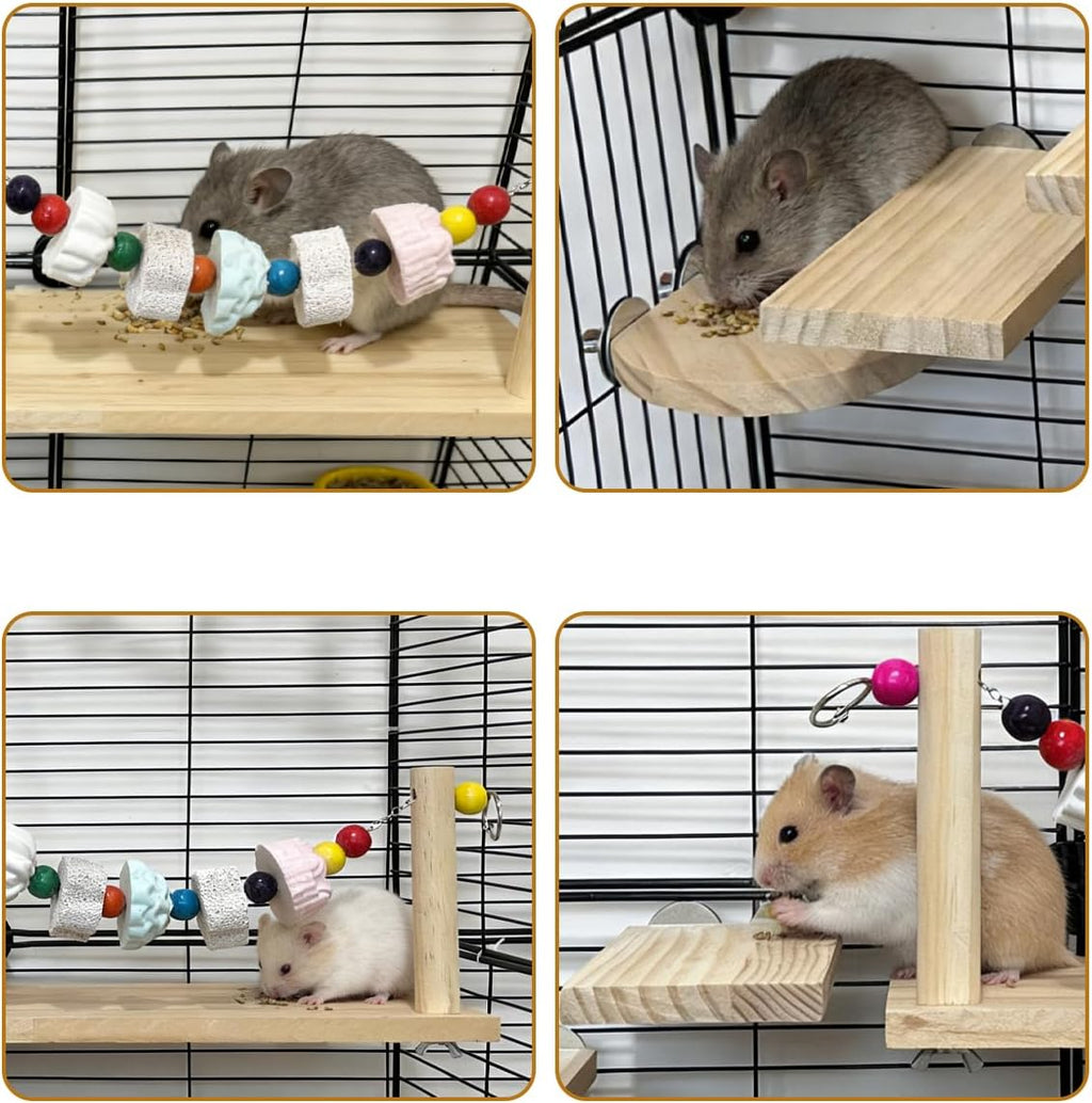 Chinchilla Ledges Wood Sets, Hamster Wooden Stand Platform with Lava Ledge Blocks Chew Toys Small Animal Cage Accessories for Rat Gerbil Guinea Pig Chipmunk Squirrel Mouse