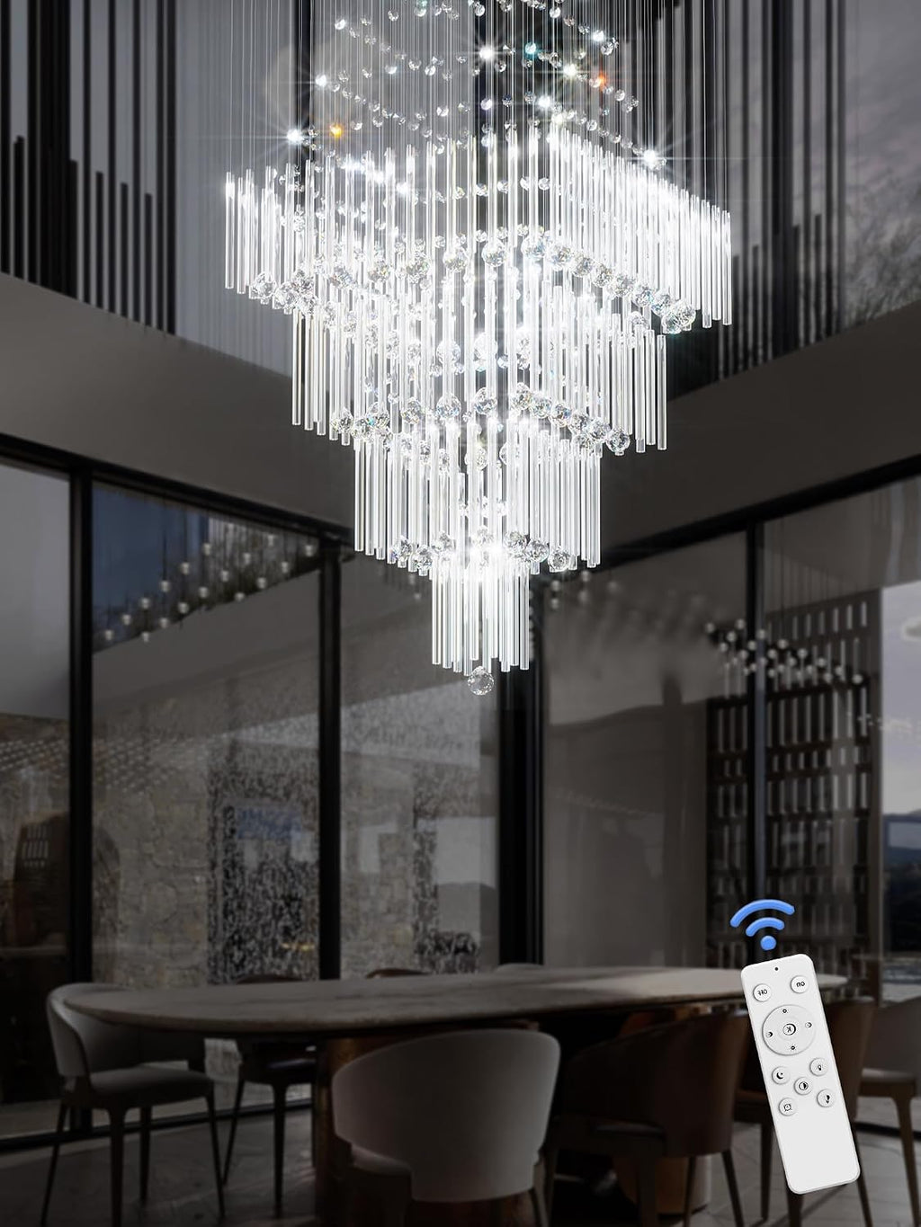 Flashing God D32''X H79'' Extra Large Chandeliers for High Ceilings Square Crystal Raindrop Gold Chandeliers Large Villa Chandelier Entrance Foyer Ceiling Light LED Dimmable 2700K-6000K