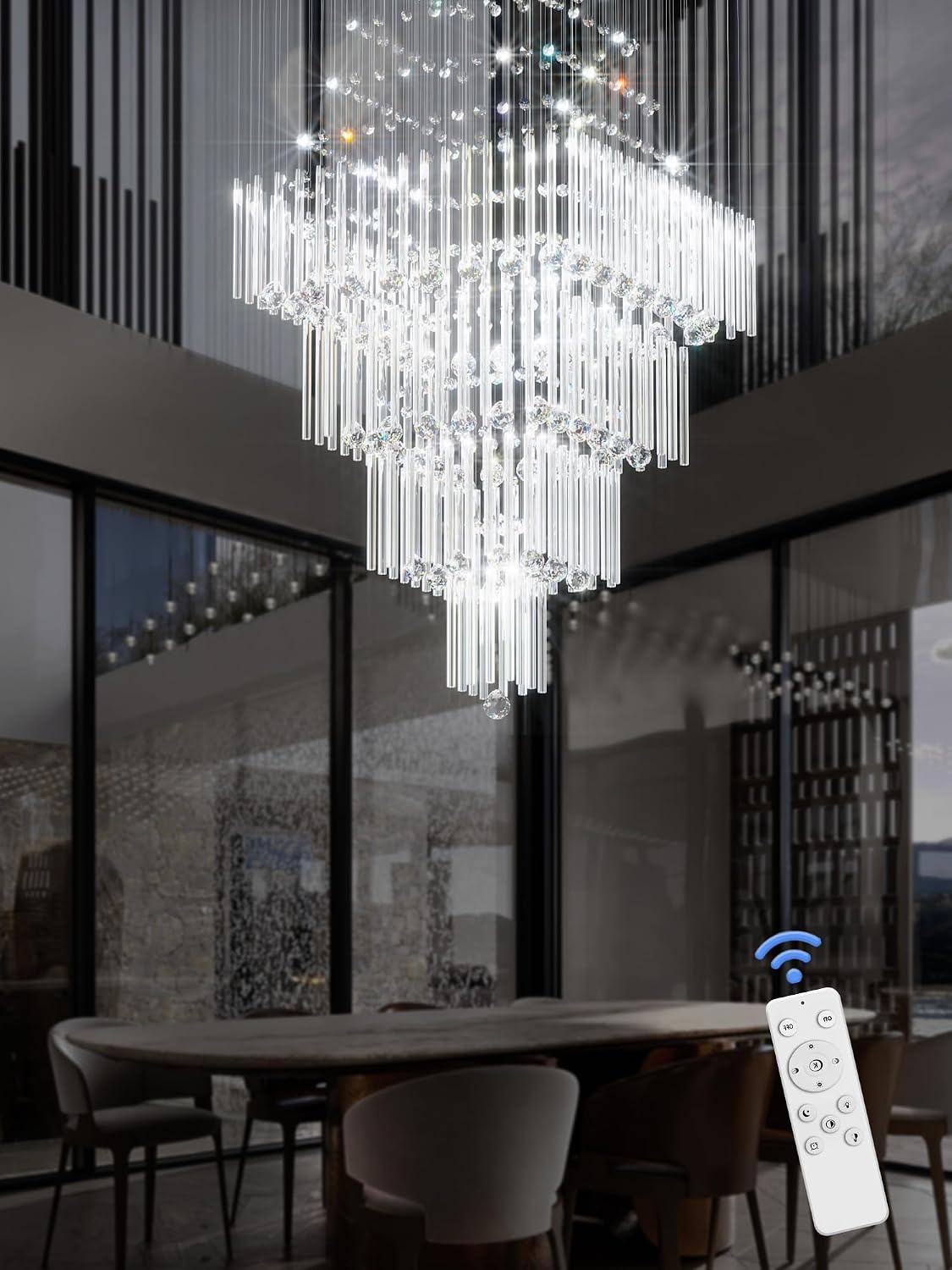 Flashing God D32''X H79'' Extra Large Chandeliers for High Ceilings Square Crystal Raindrop Gold Chandeliers Large Villa Chandelier Entrance Foyer Ceiling Light LED Dimmable 2700K-6000K