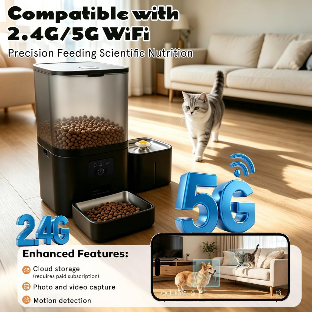 Automatic Cat Feeder with Camera, 2-in-1 Cat Food & Water Dispenser
