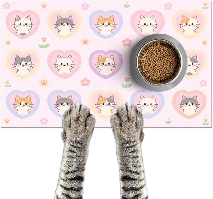Cat Feedings Mats 20x12 inch Pink Heart Kitten Print Pet Bowl Placemat Non Slip by HOMETITUTE