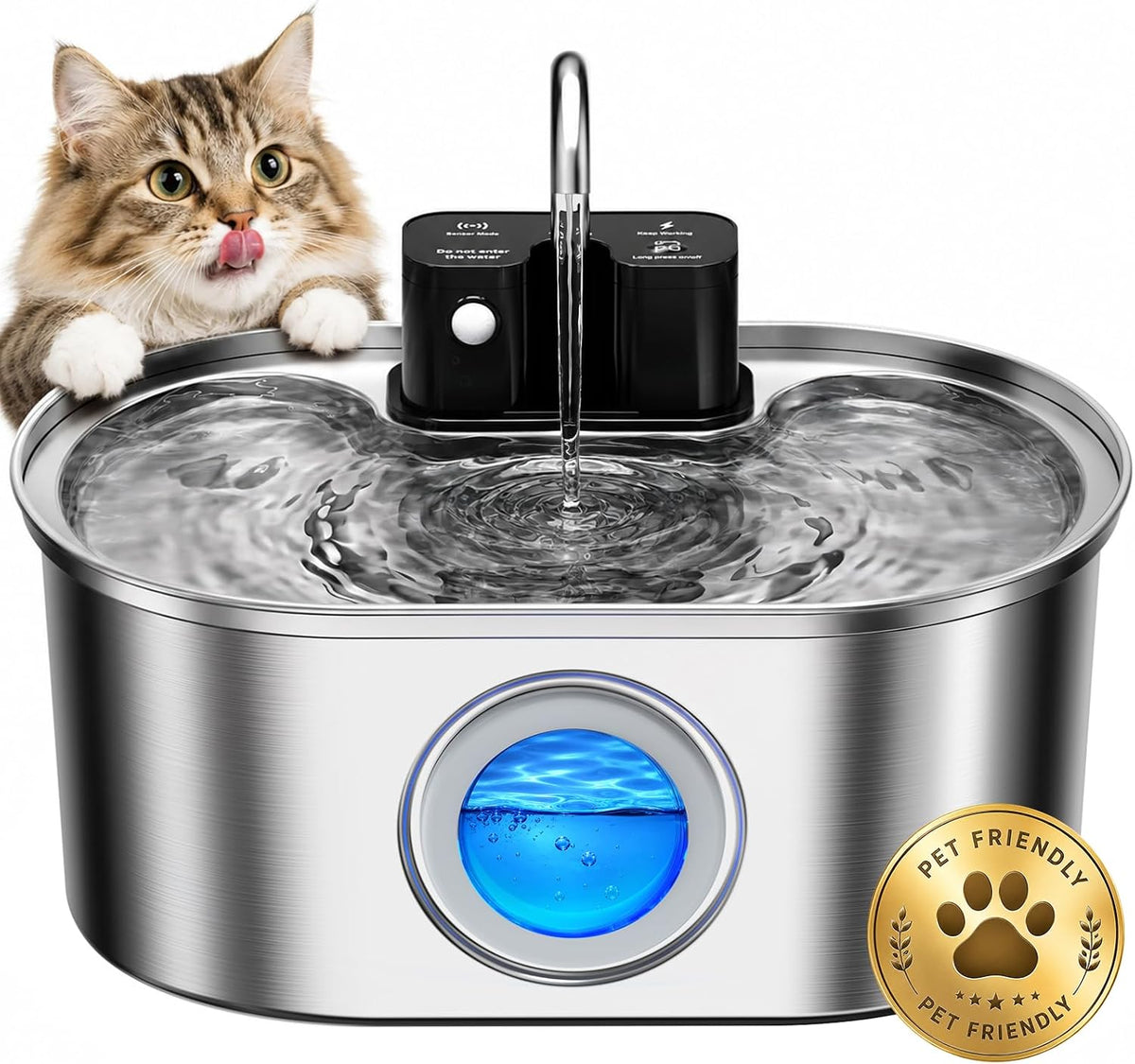 PEKTACO Wireless Cat Water Fountain, 108oz/3.2L Stainless Steel, 1 Filter