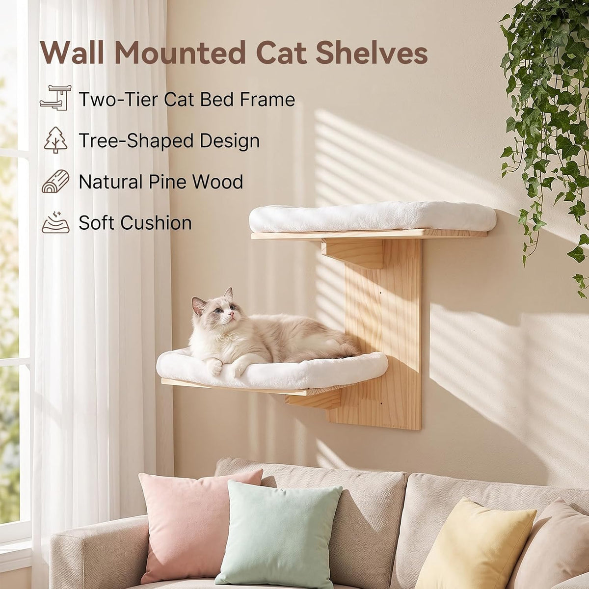 Gugxiom 2 Platform Cat Wall Shelves, 21.2 * 29.5" Wall Mounted Cat Shelves | Pine Wood Wall Mounted Cat Shelves, with Soft Cushion, for Climb/Play/Nap