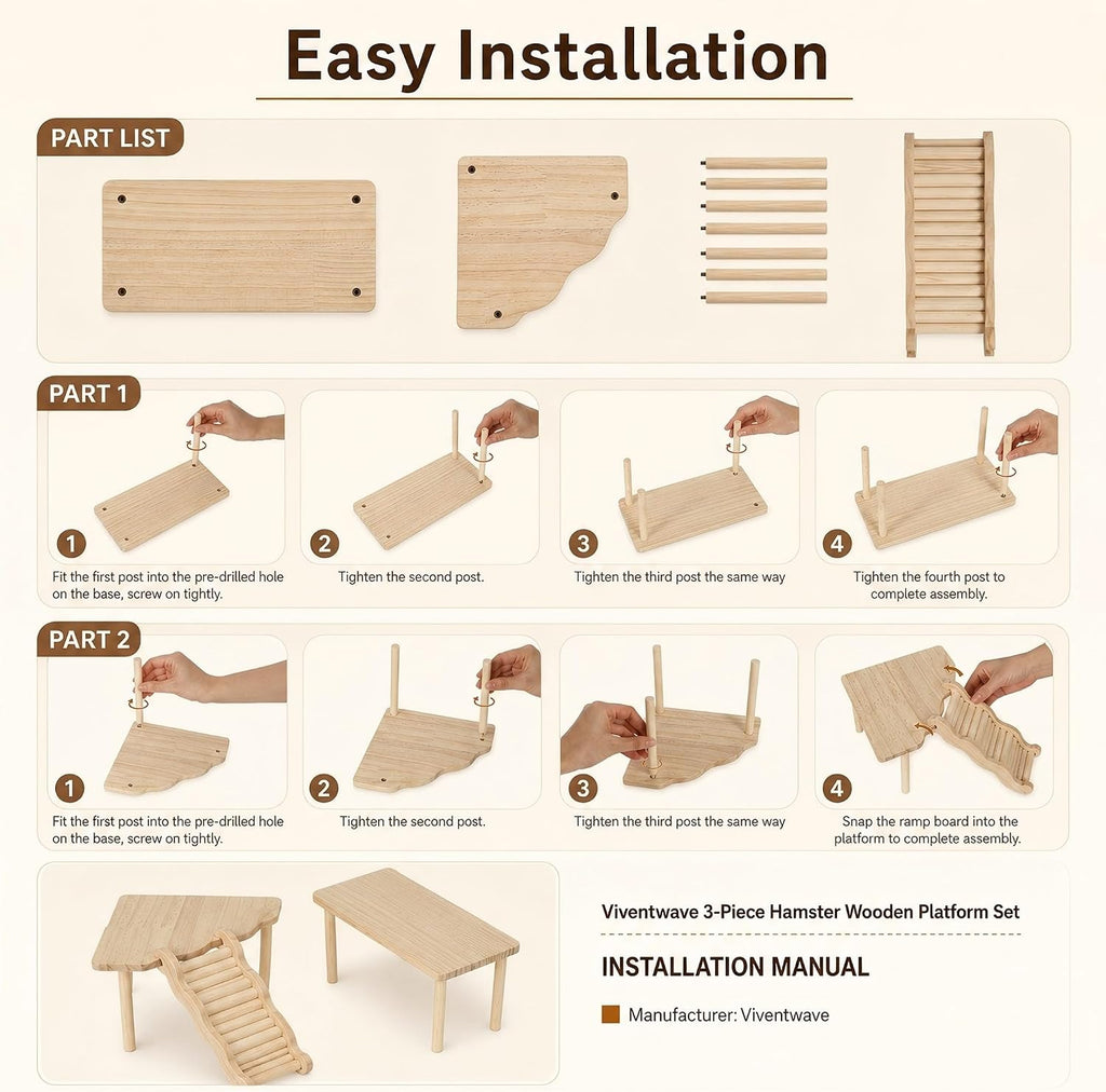 3-Piece Hamster Wood Platform Set with Wave Climbing Ladder, Natural Cage Accessories with Food & Water Stations, Climbing Enrichment for Dwarf, Syrian Hamsters, Mice & Gerbils